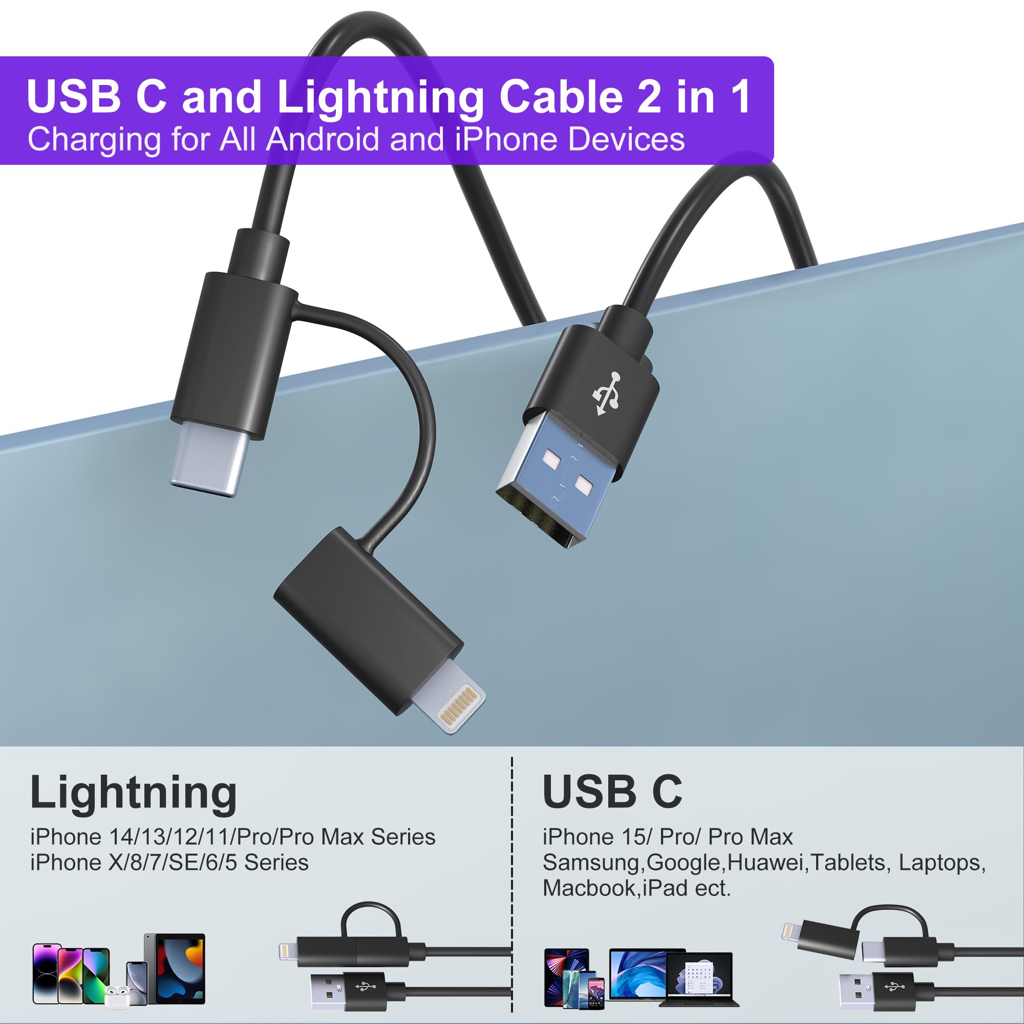 USB to USB C and Lightning Cable Combo 2 in 1 Coiled Cable Support Apple Carplay & Android Auto 3A Fast Charge Data Sync Short Curly Lightning and USB C Dual Cable for iPhone 15 14 13 12 Android, 3FT