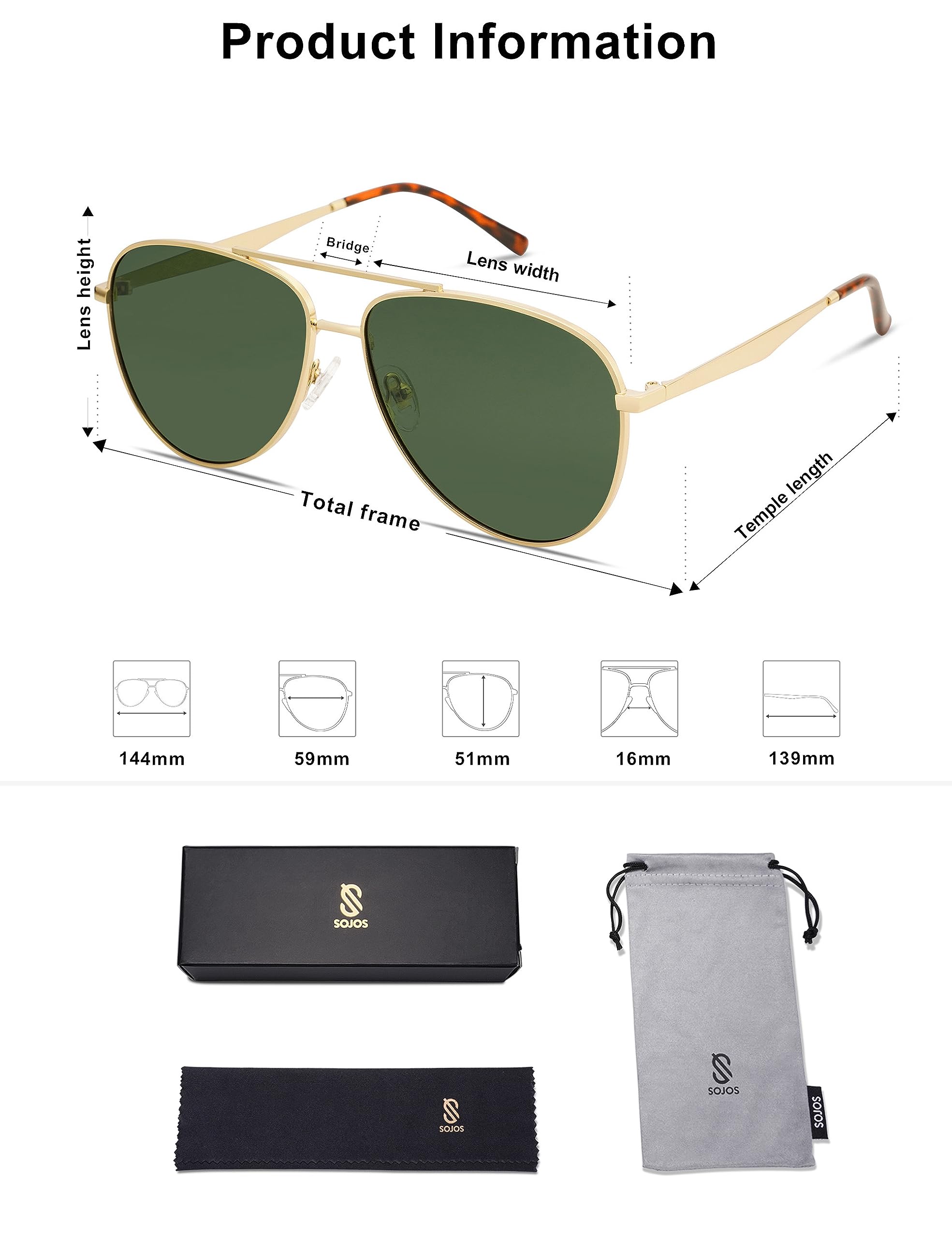 SOJOS Retro Oversized Aviator Polarized Sunglasses for Women Men Classic Large Metal Sun Glasses SJ1207A Gold/Green Lens