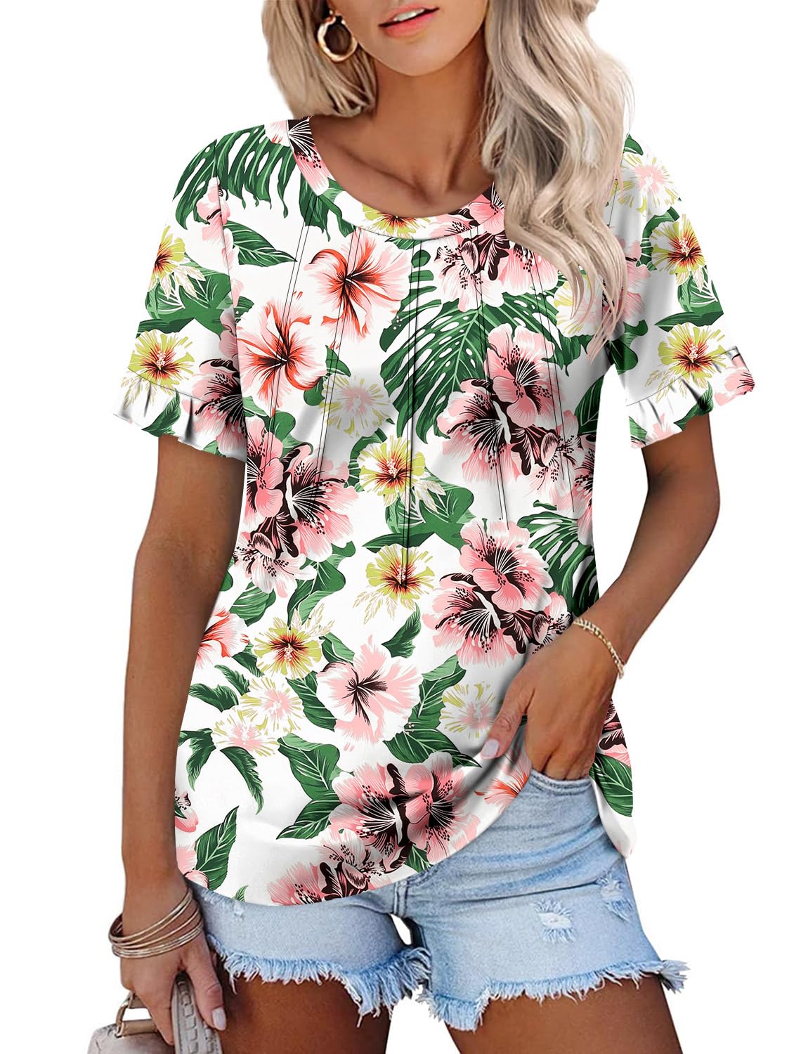 BETTE BOUTIK womens summer tunic tops to wear with leggings boho ladies tops womens feminine tops and blouses WhitGreenPowder Large