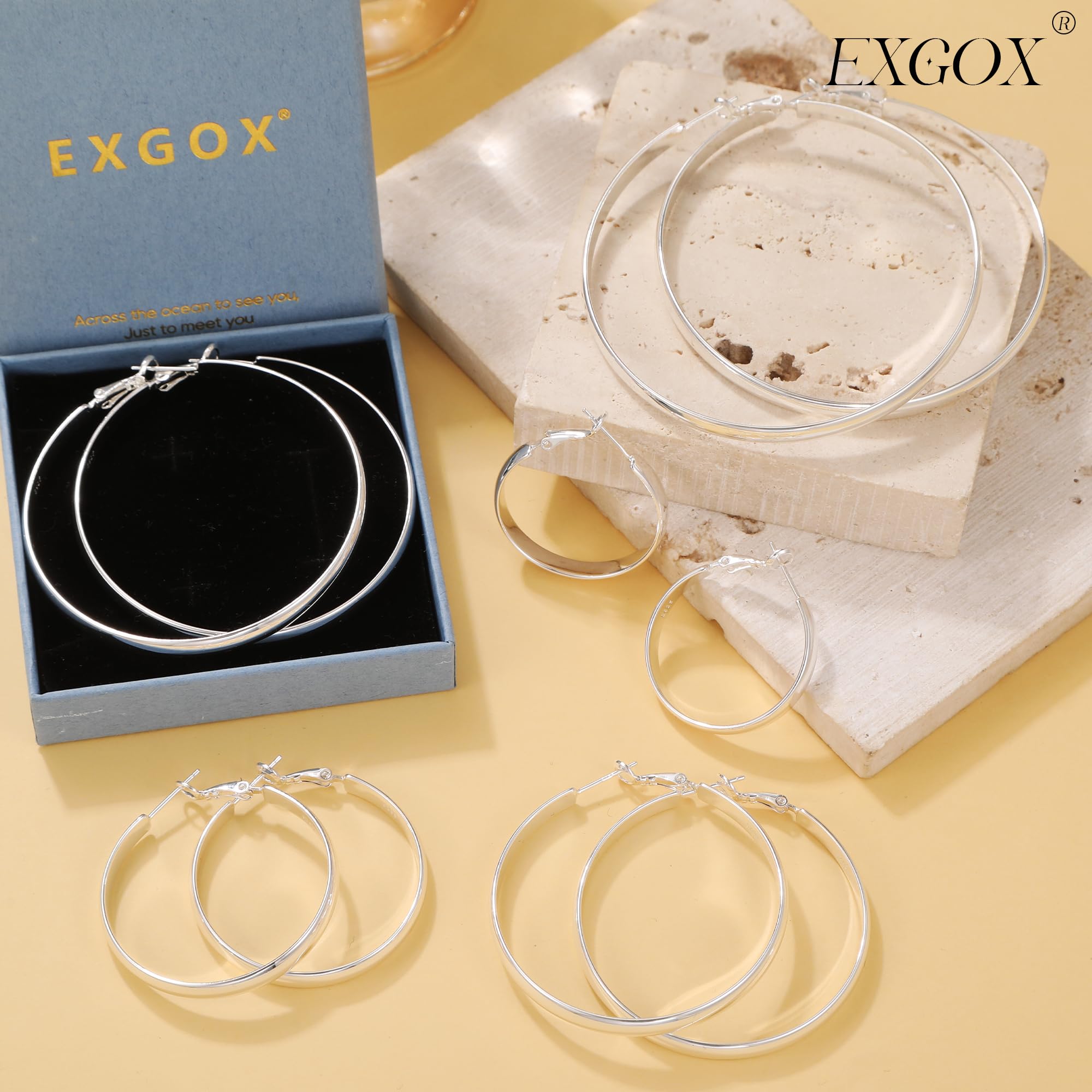 EXGOX Sterling Silver Hoop Earrings for Women 5mm Wide Large Silver Hoop Earrings Hypoallergenic 14K Real Gold Plated Earring Big Silver Hoop Earrings for Women Girls 30/40/50/60/70mm