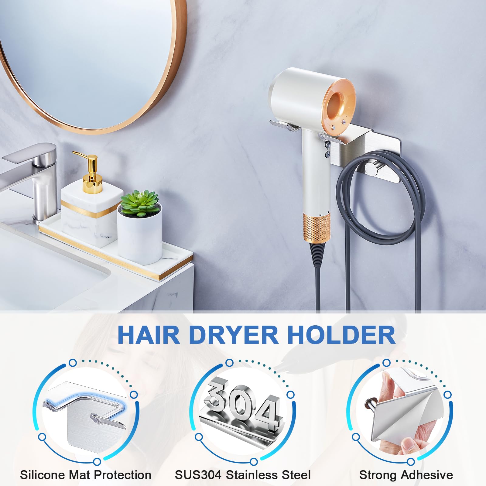 Hair Dryer Holder Wall Mounted, Blow Dryer Holder Adhesive, Stainless Steel Hairdryer Holder for Bathroom, Hair Tool Organizer with Plug&Cord for Cabinet Bathroom Bedroom Barber Shops