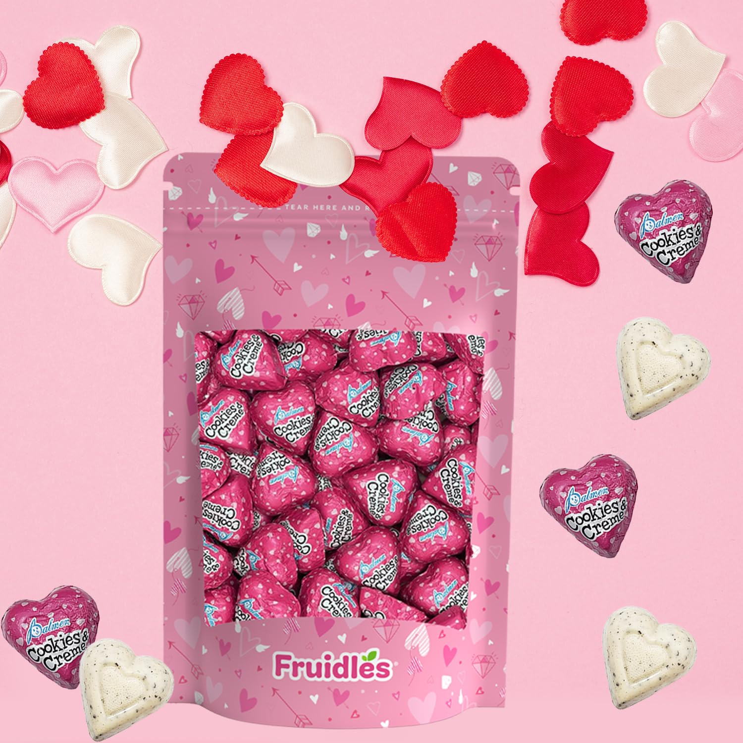 Fruidles Valentine's Chocolate Milky Cookies & Cream Hearts, Holiday Treats, Individually Wrapped Foils, Kosher Certified Dairy (40 Count, 1 Pound)