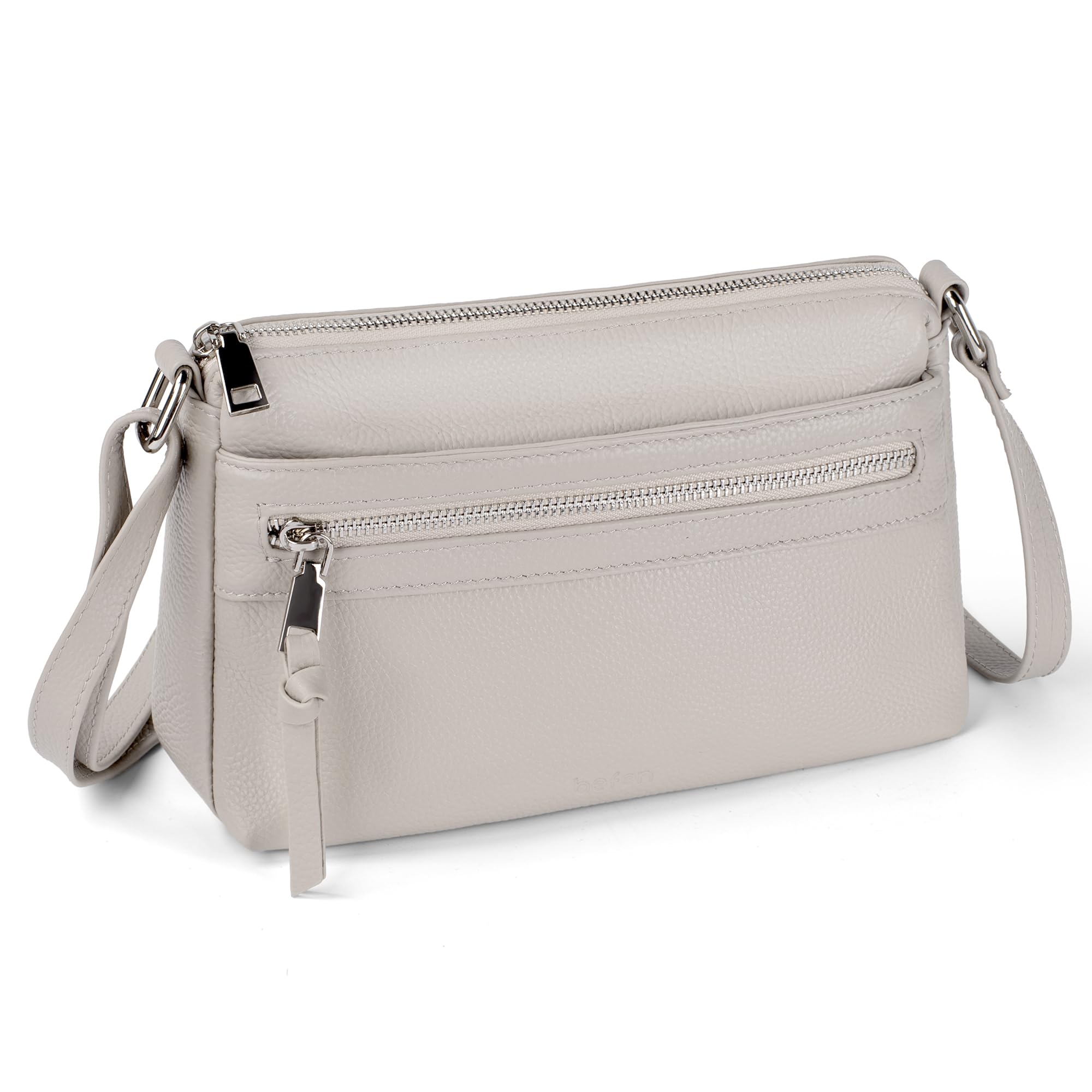 befen Genuine Leather Small Crossbody Bags for Women Ladies Triple Zip Shoulder Purses Bag Cell Phone Leather Handbag with RFID Card Slots Beige Grey