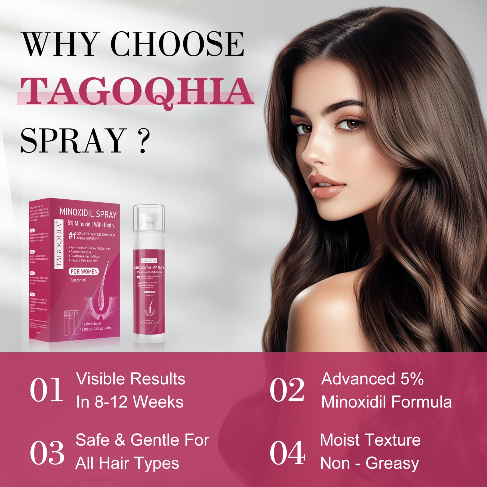 5% Minoxidil for Women Hair Regrowth Spray, hers hair regrowth treatment Infused with Biotin, Extra Strength Treatment to Combat Hair Loss and Thinning, 3 Bottles