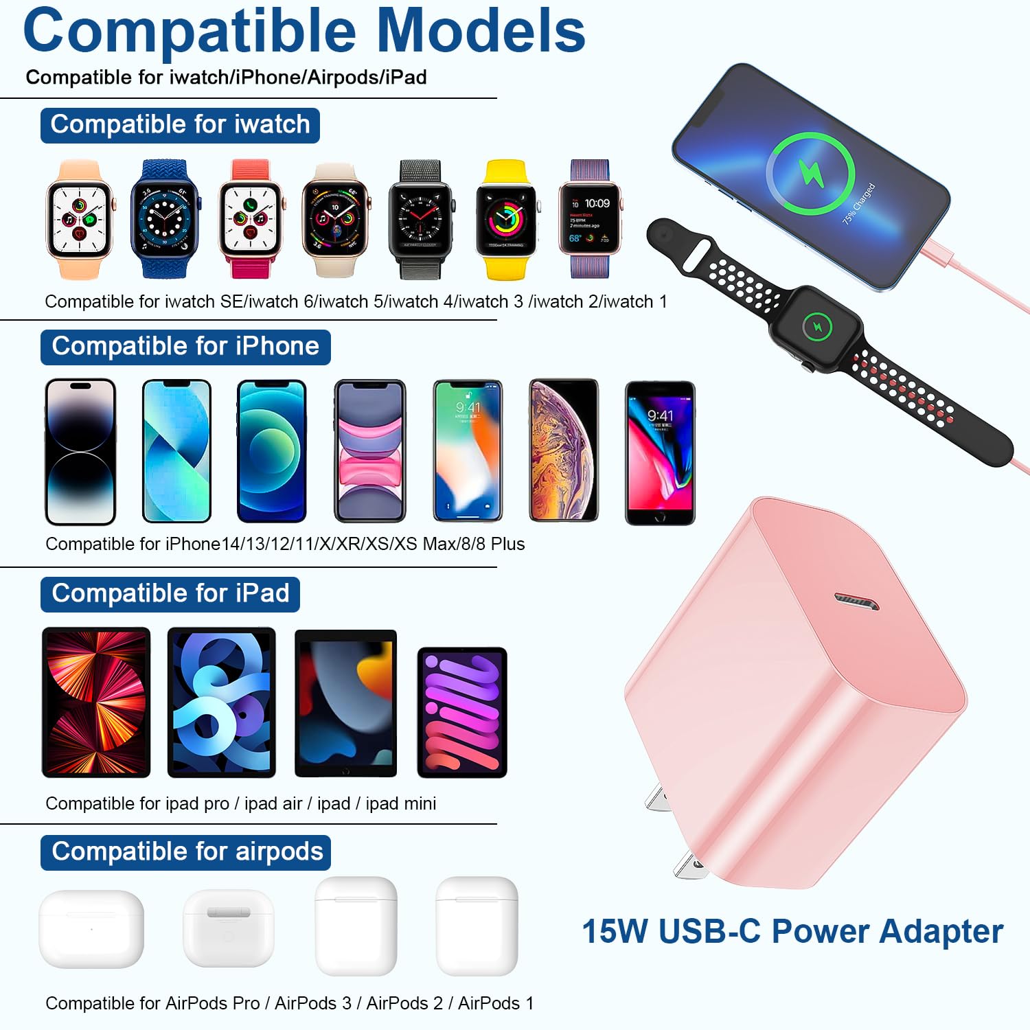 Apple Watch Charger,Upgraded 2-in-1 USB C Fast iWatch Charger [Apple MFi Certified] 6FT Magnetic Charging Cable with 15W Wall Charger Block for Apple Watch Series SE/8/7/6/5/4/3/2/1 & iPhone 14(Pink)