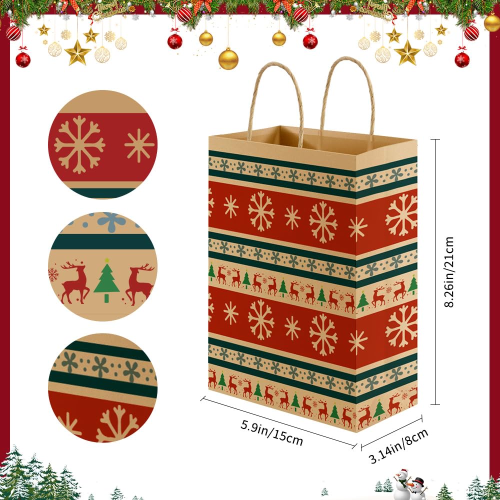 24 Pcs Christmas Gift Bags,Christmas Bags for Gifts,Holiday Xmas Gift Bags,Kraft Christmas Paper Bags Bulk,Small Gift Bags with Handles,Christmas Goody Bag,Christmas Party Favor Bags (5.9x3.14x8.26)