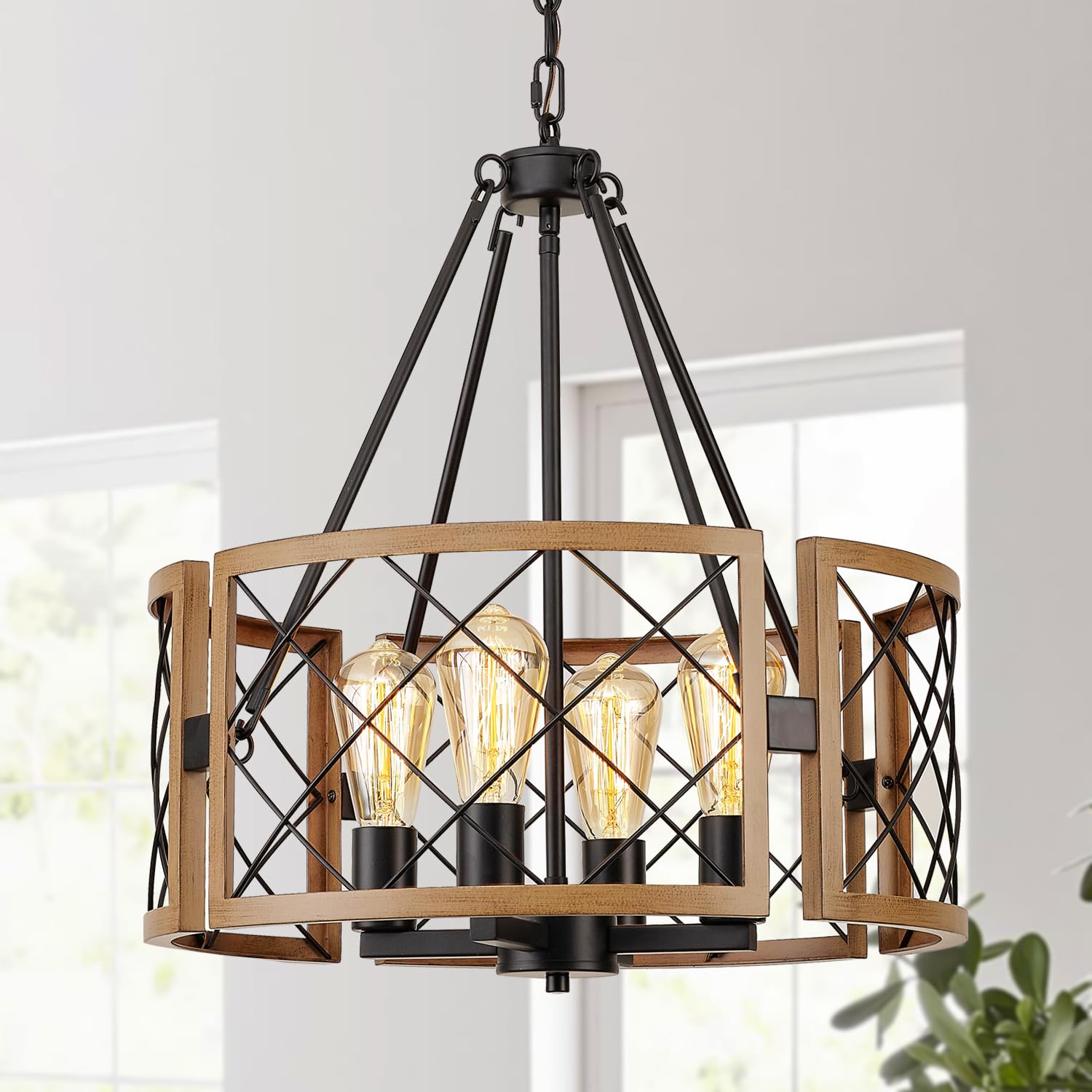 SANTOSTOCK D19'' Farmhouse Chandelier for Dining Room, 4-Light Adjustable Kitchen Island Lighting, Vintage Hanging Pendant Light Fixtures for Entryway Foyer Bedroom Hallway, Black & Dark Oak