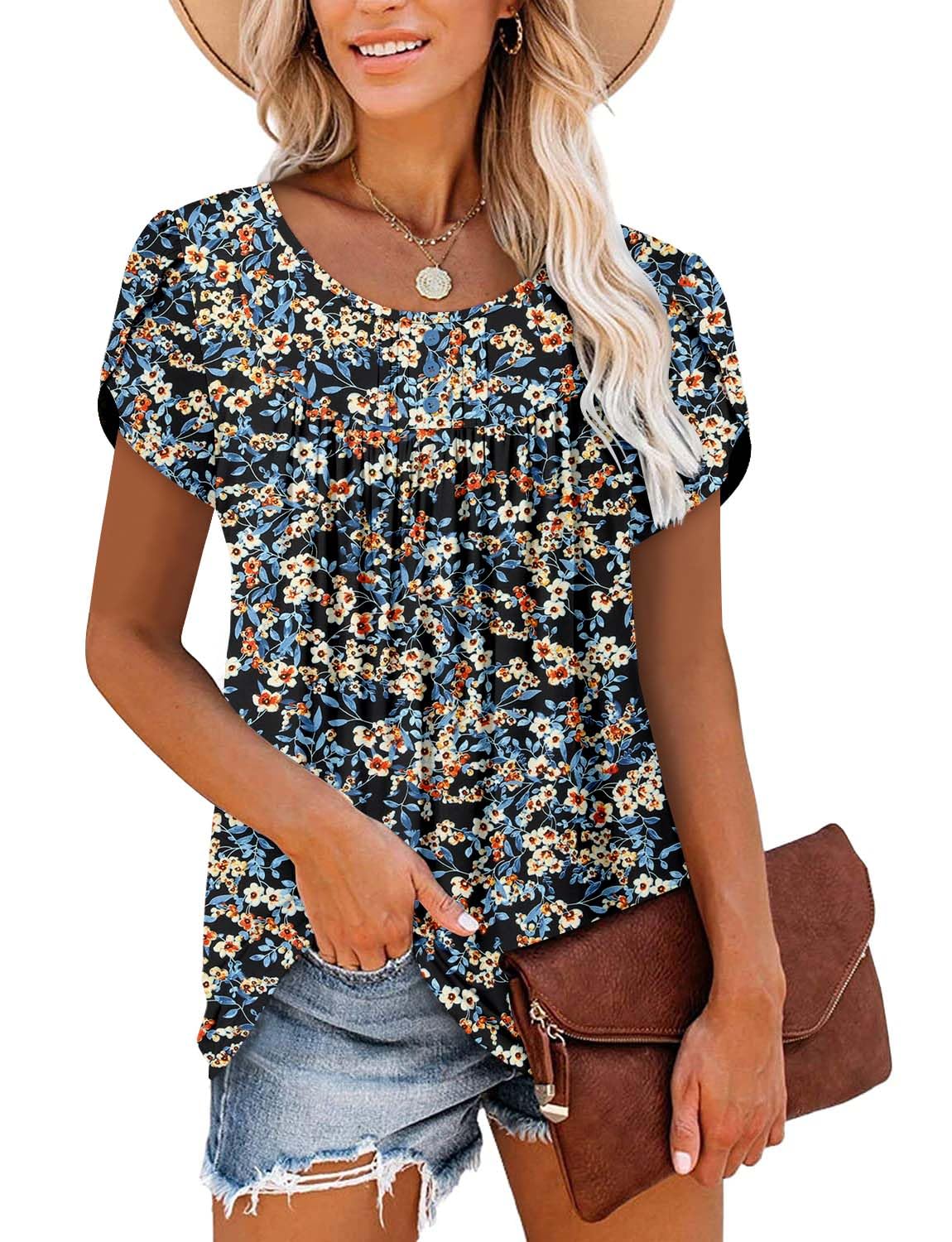 BETTE BOUTIK women's tunics floral crewneck petal short sleeve button down shirts for women loose fit with print BlueFlo Medium