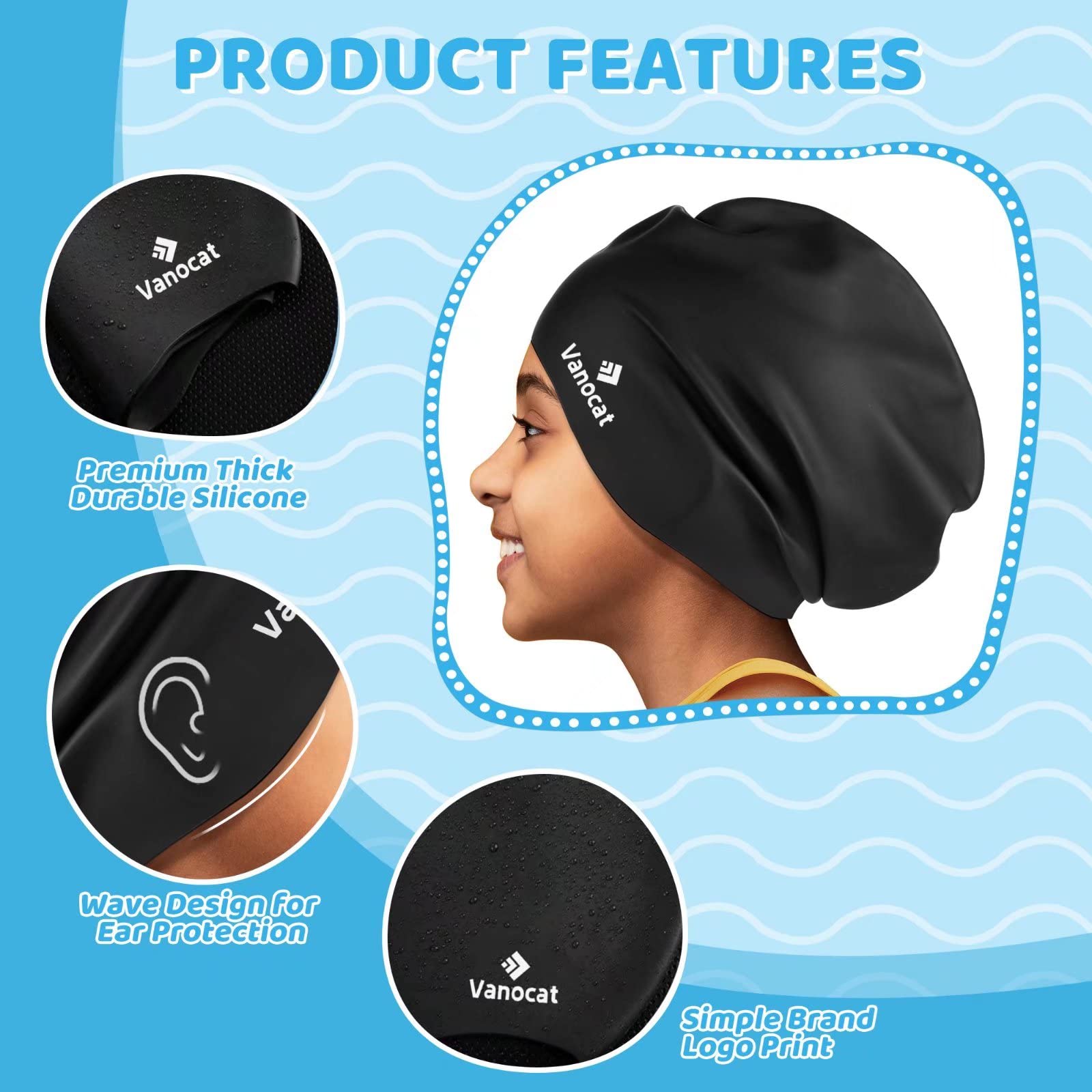 Kids Extra Large Swim Cap for Long Hair, Waterproof Silicone Swimming Caps for Boys Girls Children Youth Teen, Large Swim Hat for Long Thick Curly Hair & Dreadlocks Braids Weaves Afro Hair(Black)