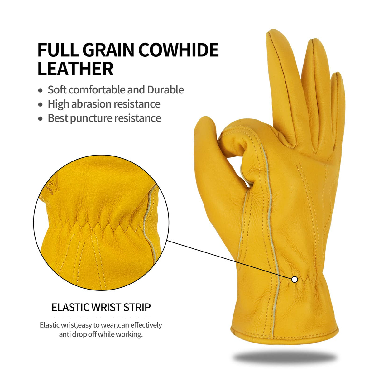 KKOYING Leather Work Gloves for Men & Women, Gardening Gloves, Reinforced Durable Cowhide Work Gloves, Puncture & Cut Resistant (Medium)