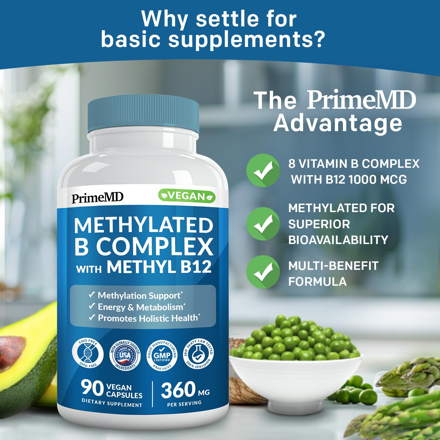 Methylated B Complex with Methylfolate and B12 Methylcobalamin 1000 mcg - Methylated Multivitamin for Energy, Brain Function, and Wellness - Vitamin B Complex for Men & Women (180 Servings, Pack of 2)