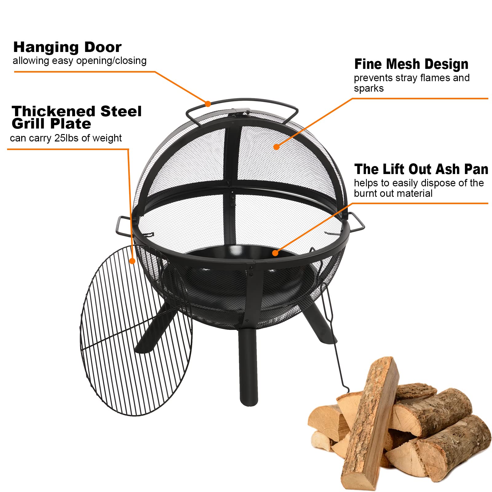 Ikuby Ball of Fire Pit fire Ball with BBQ Grill fire Globe Pit Large Round fire Pit,Patio Fire Pit Fireplace for Camping, Heating, Bonfire and Picnic, Black, 33.85*32.67*35in, (BLKFP-001)