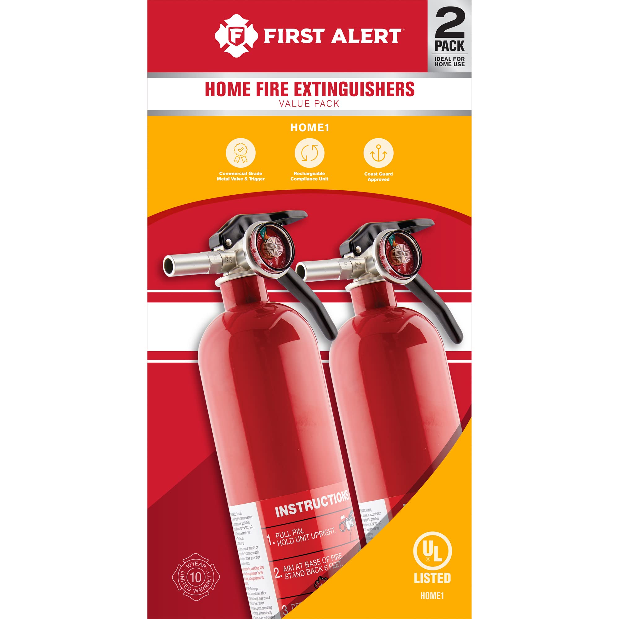 First Alert Home1-2, Standard Home Fire Extinguisher, Red, 2PACK