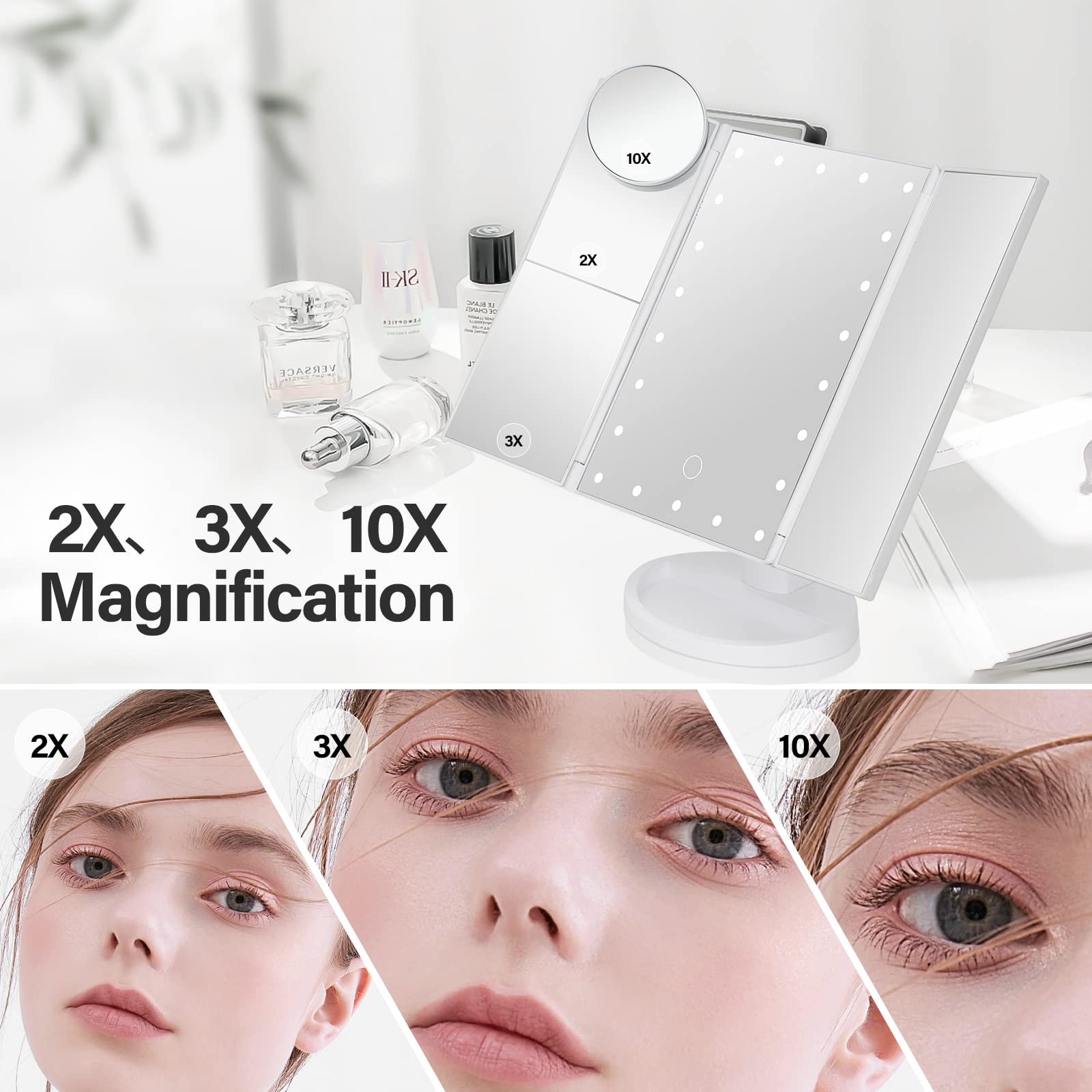 DenCert Makeup Mirror Vanity Mirror with Lights 1X 2X 3X 10X Magnification, Lighted Makeup Mirror, Touch Control, Tri-Fold Portable LED Makeup Vanity, Two Power Supply Modes, White