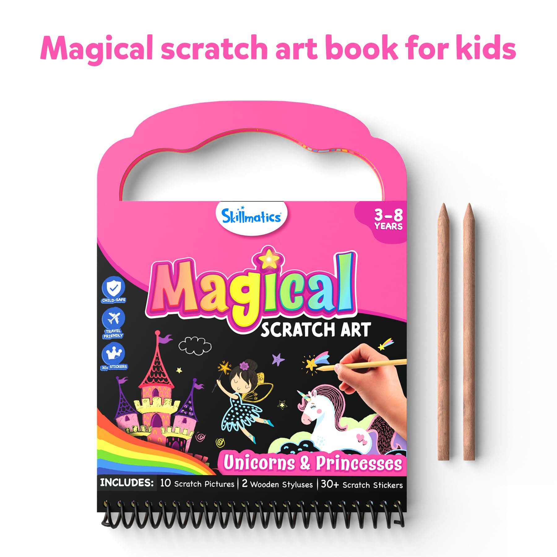 Skillmatics Magical Scratch Art Book for Kids - Unicorns & Princesses, Craft Kits & Supplies, DIY Activity & Stickers, Gifts for Toddlers, Girls & Boys Ages 3, 4, 5, 6, 7, 8, Travel Toys