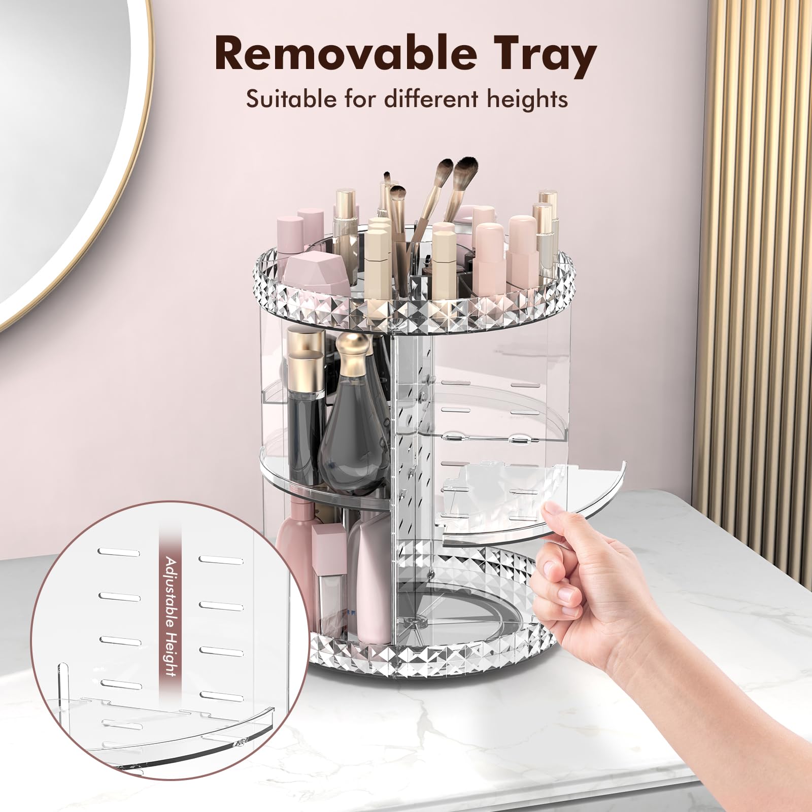 Rosoenvi Rotating Makeup Organizer, 360° Spinning Skincare Organizers, Adjustable Layer Cosmetic Storage Lazy Susan Makeup Organizers for Dresser Bathroom, Medium, Clear