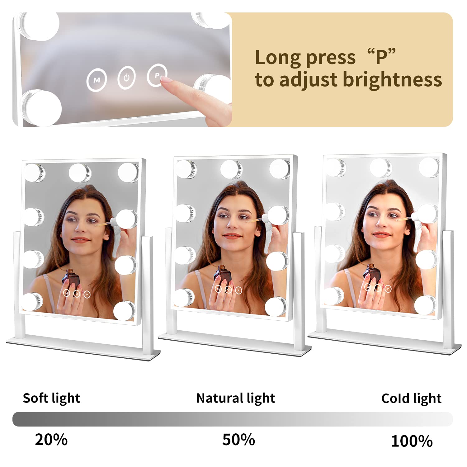 NUSVAN Vanity Mirror with Lights, Makeup Mirror with Lights,3 Color Lighting Modes Detachable 10X Magnification Mirror Touch Control,360°Rotation, White.