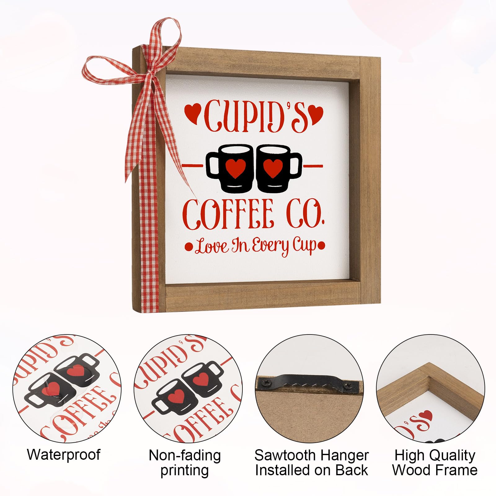 flangairy Valentines Day Coffee Bar Sign Decor, 6x6 In Wood Framed Cupid’s Coffee Bar Decorations for Farmhouse Kitchen Home Table Tiered Tray