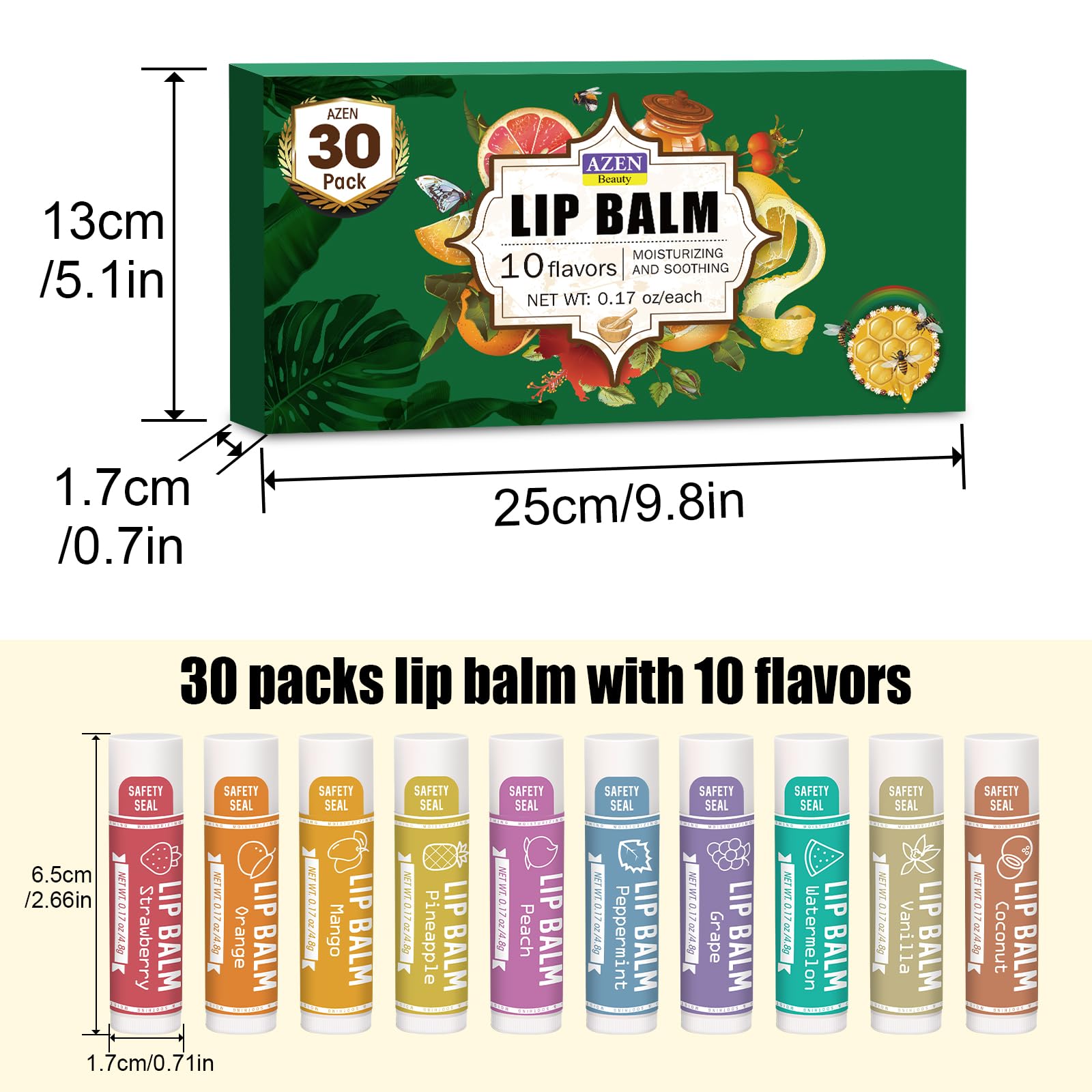 AZEN 30 Pack Lip Balm, Natural Lip Balm Bulk, Lip Care Product, Moisturizing Lip Balm for dry cracked lips - 10 Flavors