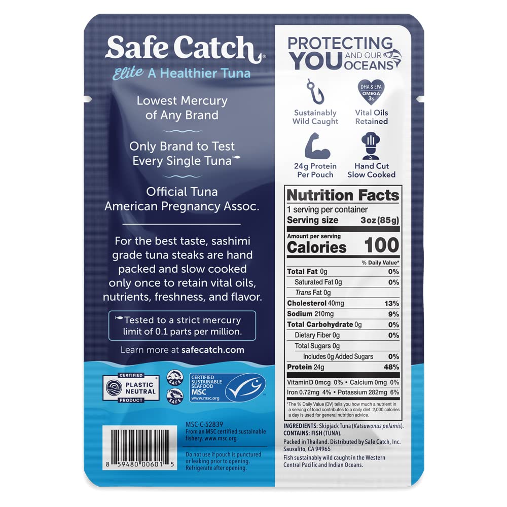 Safe Catch Elite Tuna Wild-Caught Lowest Mercury Tuna Fish Pouch Gluten-Free Keto Food Non-GMO Kosher Paleo-Friendly High Protein Snack, No Water Oil Tuna, Pack of 12 Tuna Pouches 3oz