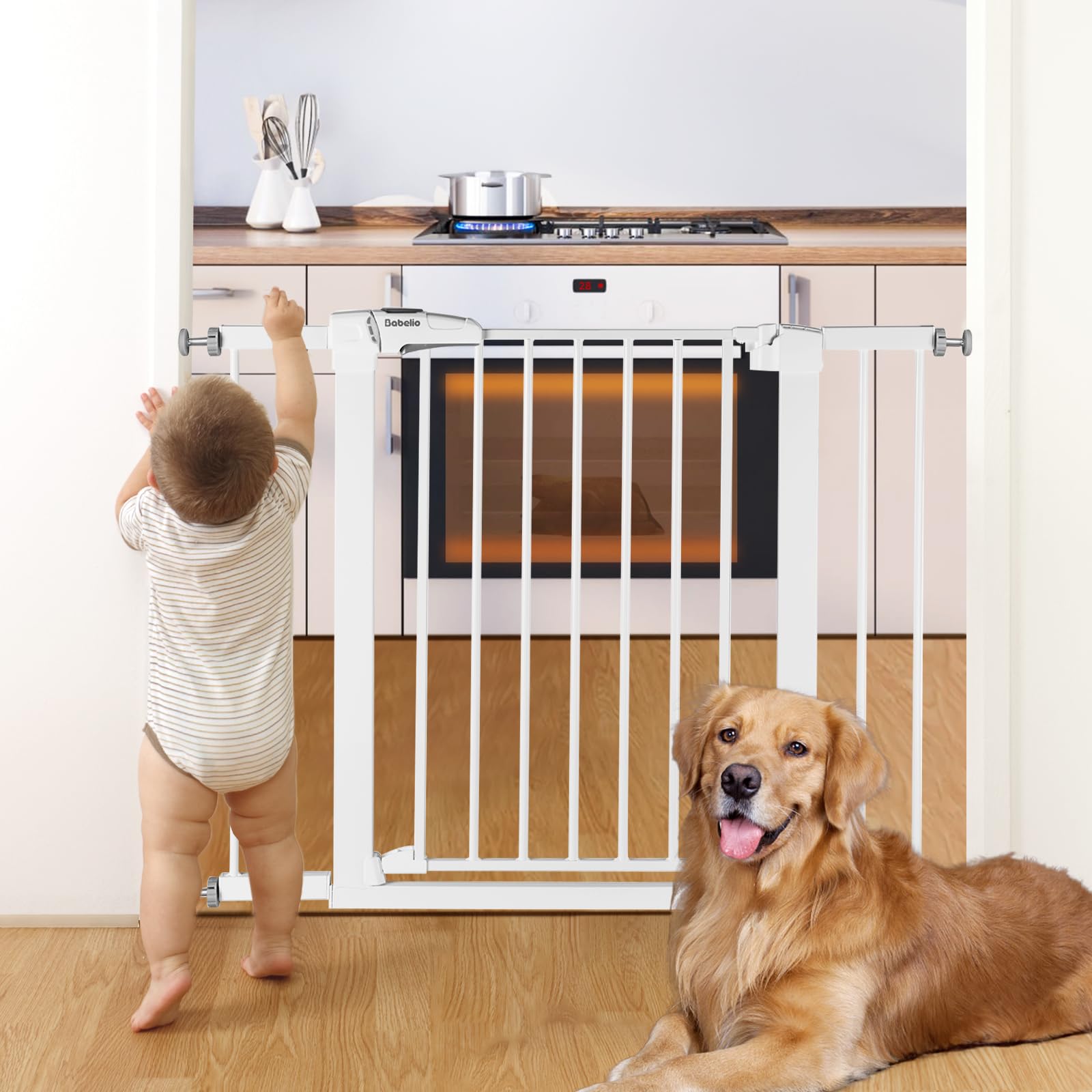 Babelio Metal Baby Gate, 29-43'' Auto Close Easy Install Pet Gate, Extra Wide Walk Thru Child Safety Gate, 30'' Tall Pressure Mounted Dog Gate for Doorways & Stairs, White