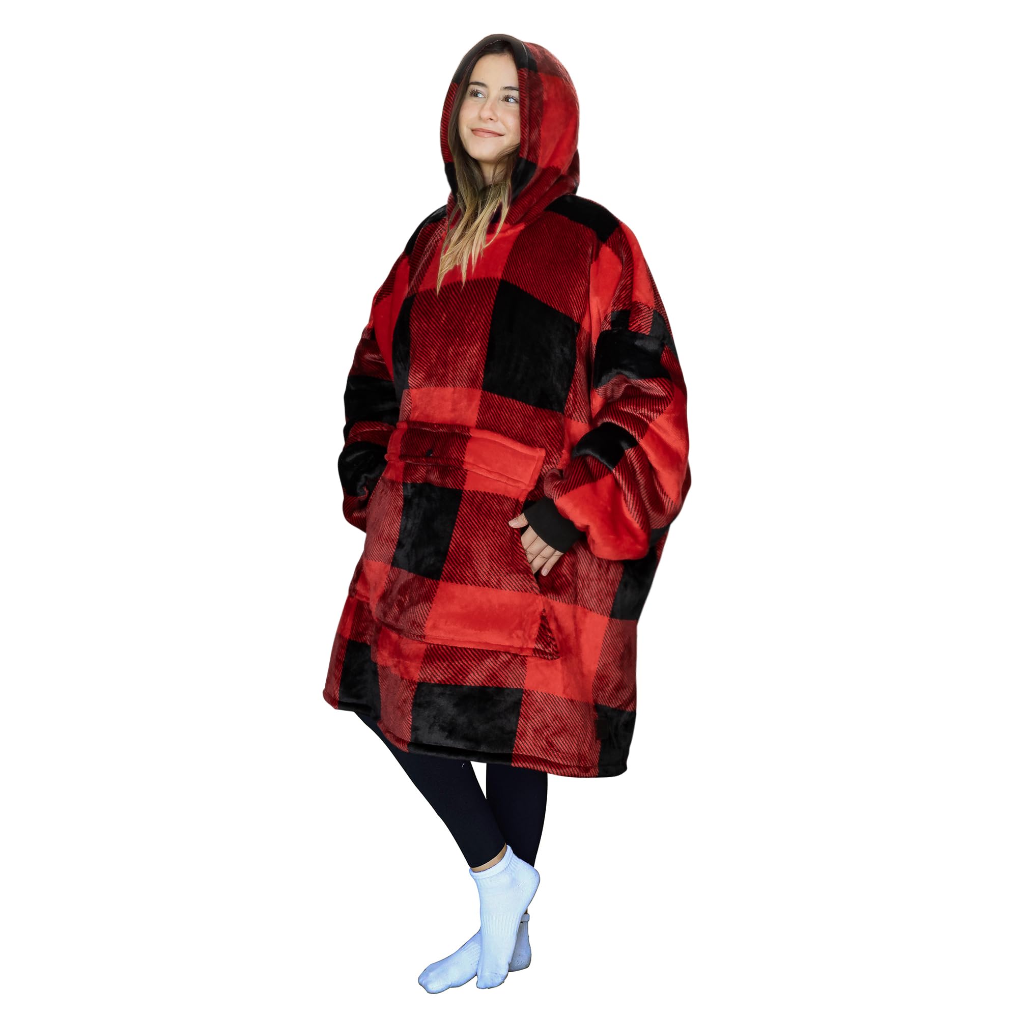 Tirrinia Red Plaid Oversized Hoodie Blanket Sweatshirt Comfortable Sherpa Giant Wearable Blankets Gift for Adults Men Women Teenagers Wife Girlfriend