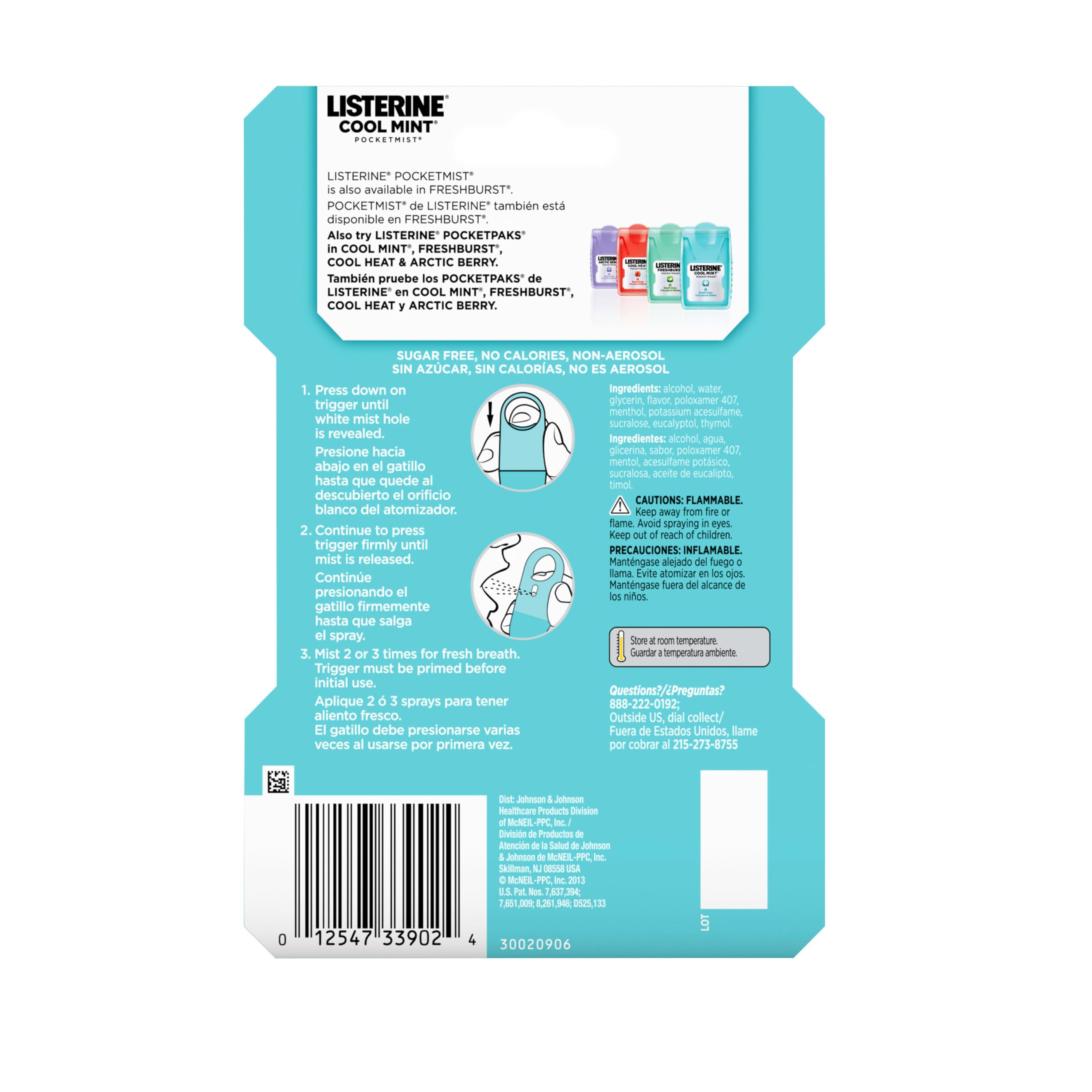Listerine Cool Mint Pocketmist, Oral Care Mist for Fresh Breath, Non-Aerosol Sugar-Free Bad Breath Refresher Spray to Kill 99% of Bad Breath Germs, Portable, Cool Mint Flavor, 2 x 7.7 mL