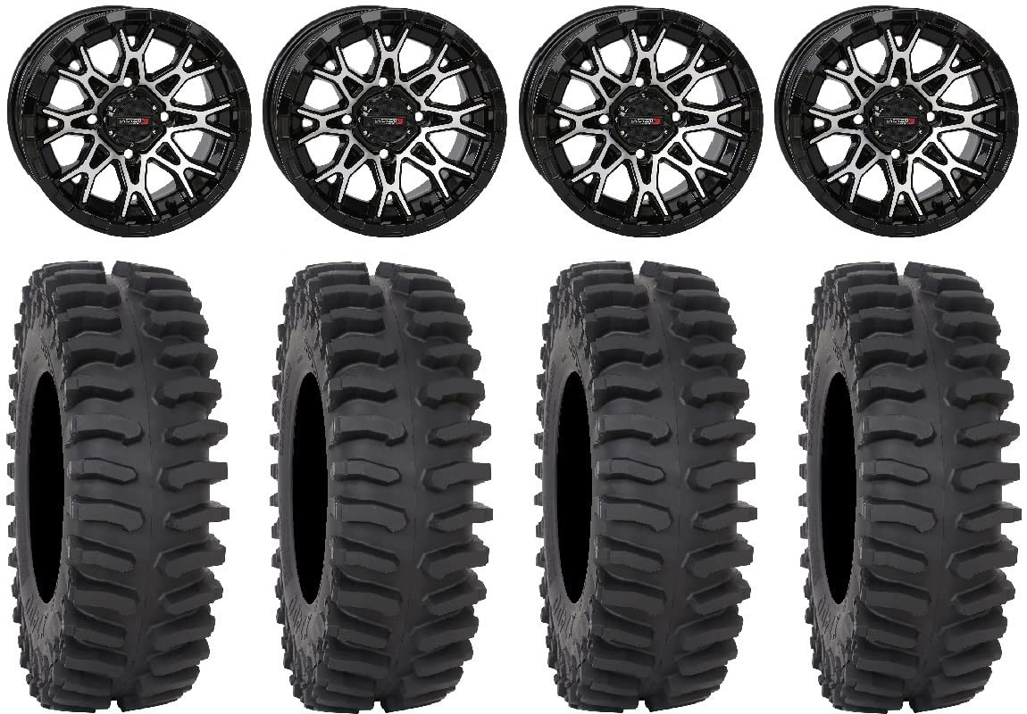 Bundle - 9 Items: System 3 ST-6 14" Wheels Black 28" XT400 Tires [4x156 Bolt Pattern 12mmx1.25 Lug kit]