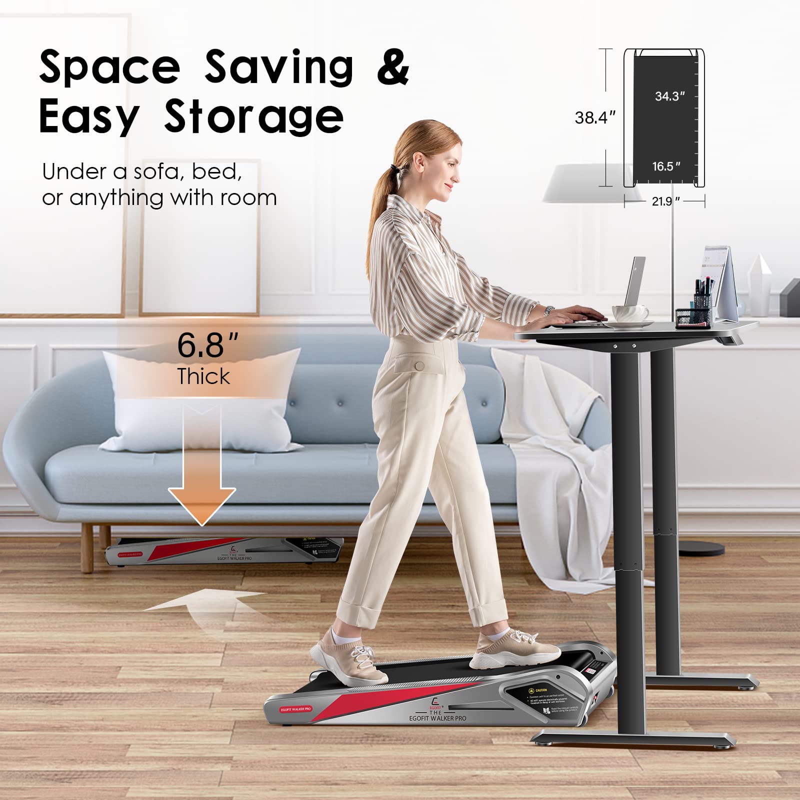 EGOFIT: Walker Pro M1 - Cool Grey - Under Desk Walking Pad Treadmill, 5% Incline, LCD Display, Remote Control, Home & Office, 220lb Cap, 0.6-3.1mph