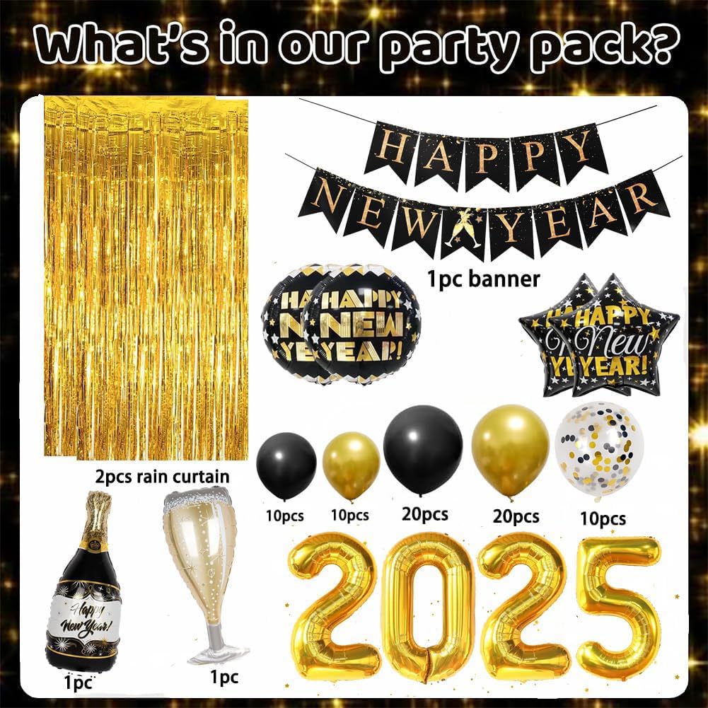 Happy New Year Party Decoration 2025 Foil Balloon Banner and Curtains Disco Balloons Champagne Balloon New Years Eve Black and Gold Party Supplies Decorations