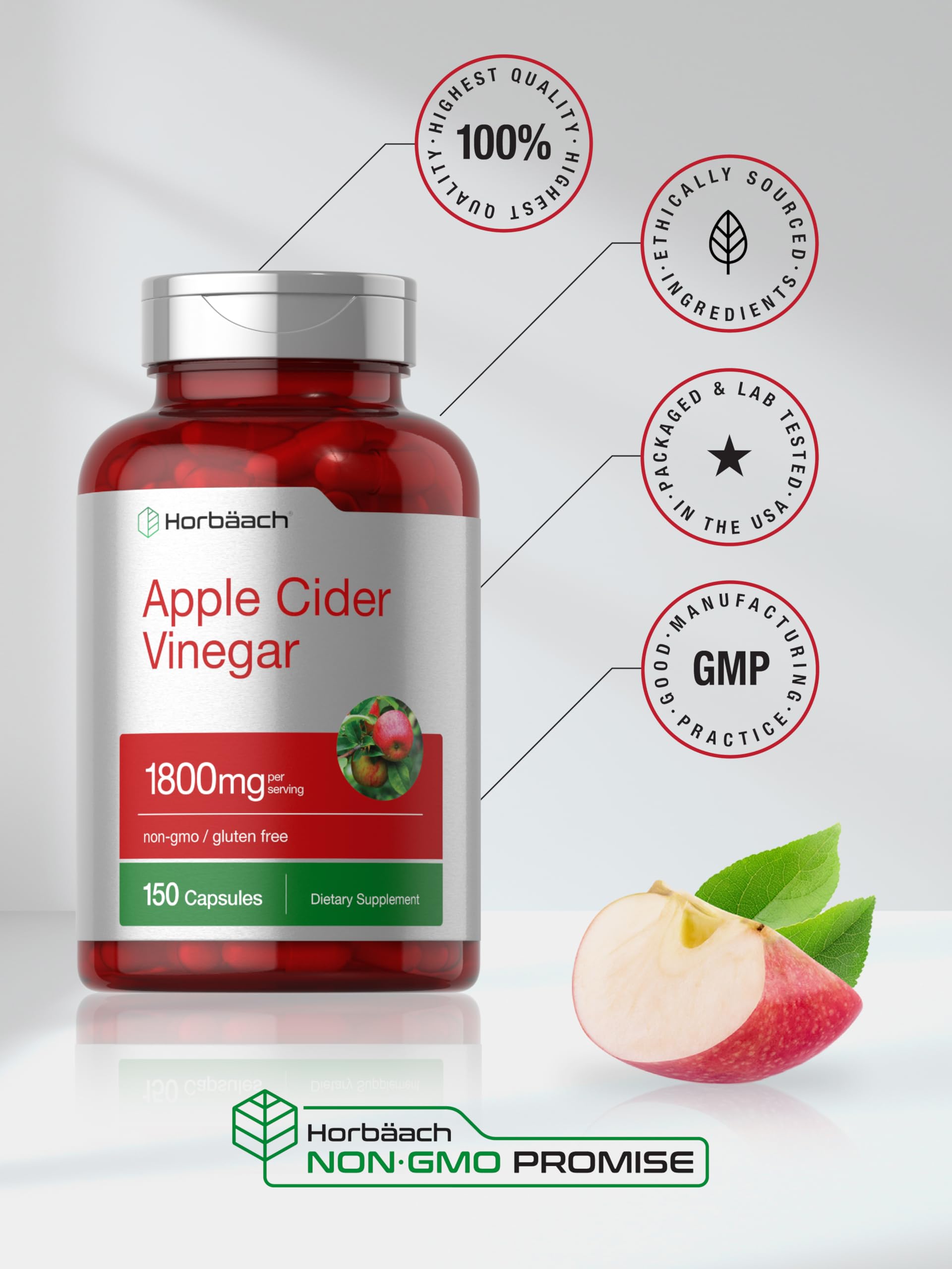 Horbäach Apple Cider Vinegar Capsules | 1800mg | 150 Pills | Non-GMO, Gluten Free Supplement