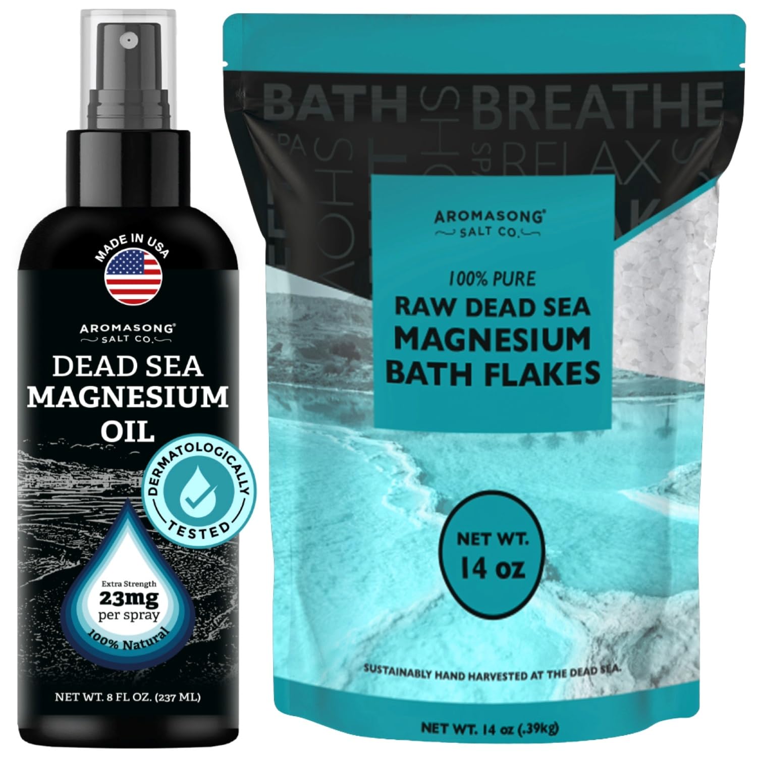 Aromasong Relaxation Essentials Bundle: Extra Strength Magnesium Spray + Dead Sea Magnesium Flakes for Better Sleep