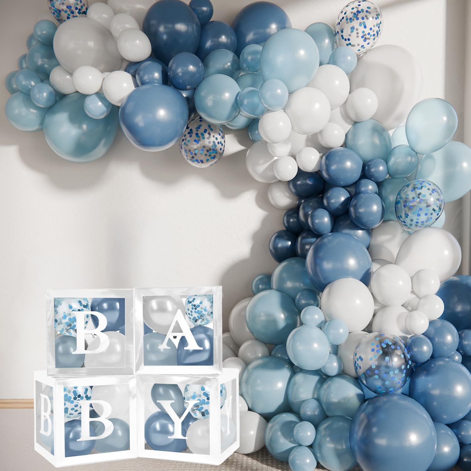 Balloon Garland Arch Kit – 146 Pcs Dusty Blue, White, Light Blue & Confetti Balloons & Baby Shower Boxes with Letters – White Boxes with White, Dusty Blue, Light Blue and Confetti Balloons