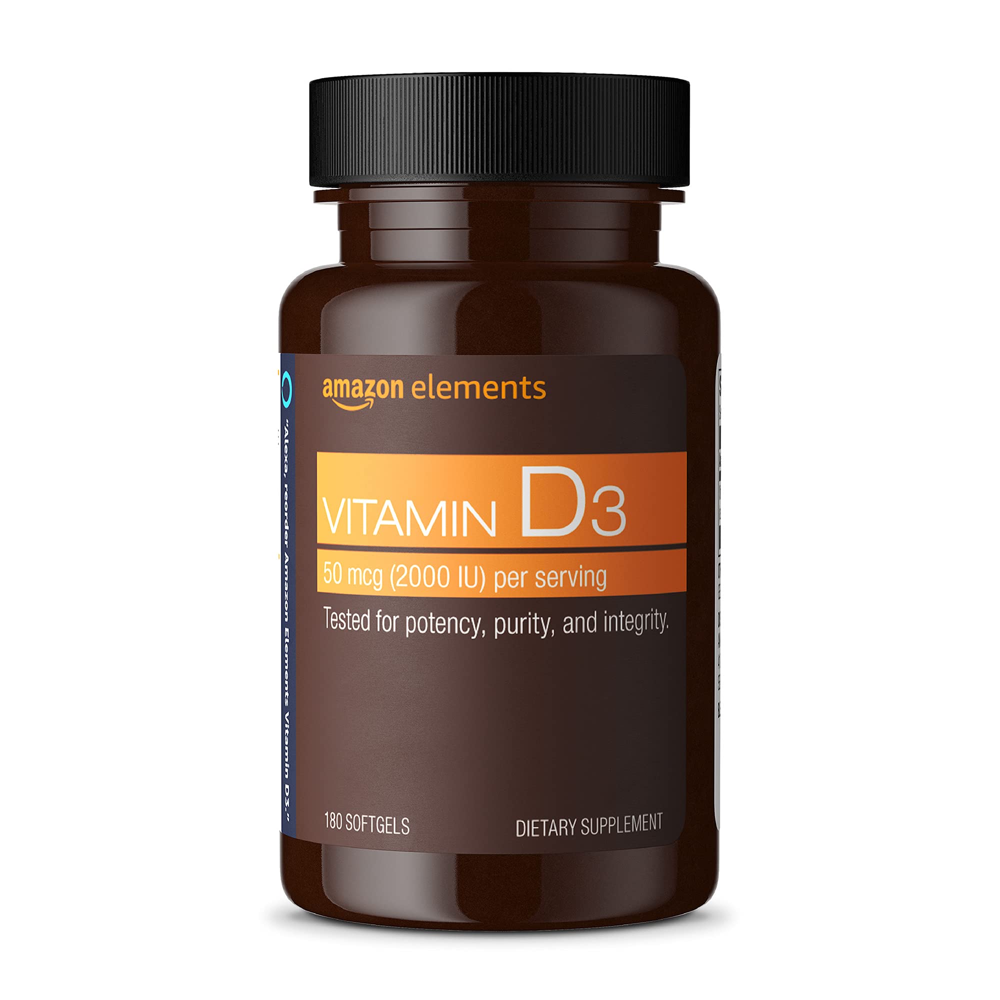 Amazon Elements Vitamin D3, 2000 IU, 180 Softgels, 6 month supply (Packaging may vary), Supports Strong Bones and Immune Health