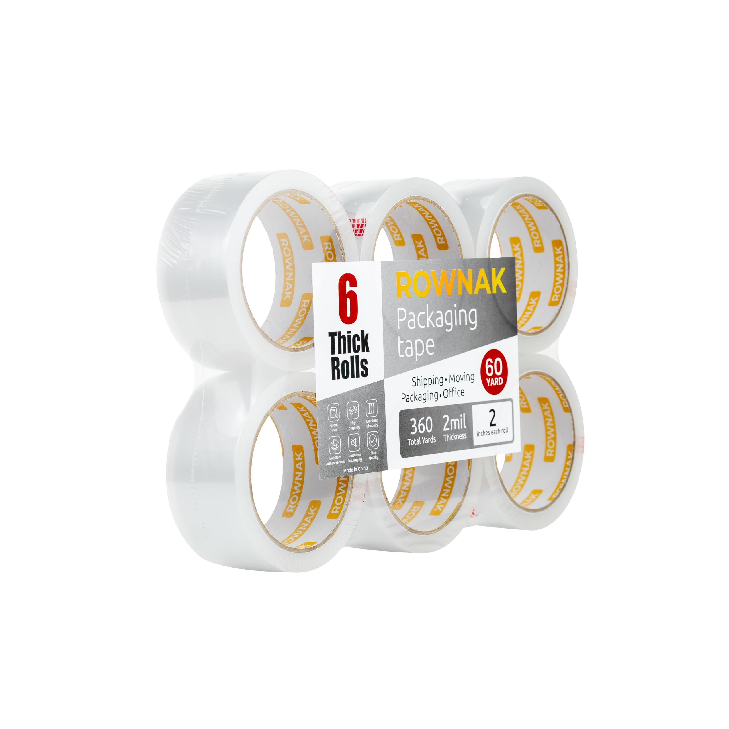 ROWNAK Clear Packaging Tape (6rolls)–2.0mil Thick, 2.0 inches Wide,60 Yards Roll, Total 360 Yards Strong Adhesive, Silent, Reliable, Cold-Resistant – for Home, Office, Logistics Services and Moree