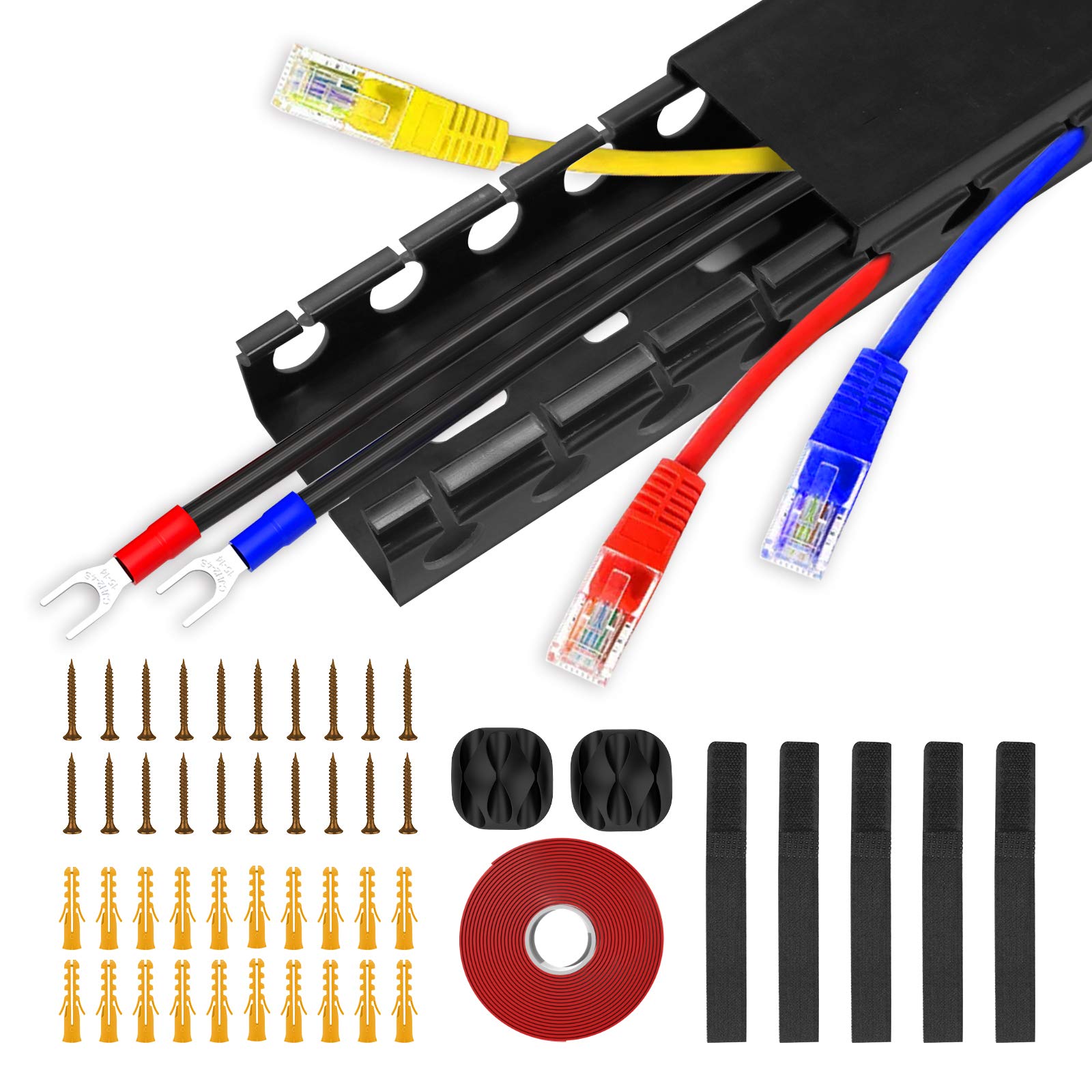 ENONCI Updated Cable Raceway Kit - 77 (5x15.4) Inch Open Slot Wire Covers for Cords, Under Desk Cable Management System to Hide Under Desk/Tv/Computer/Net/Power Cords, (Pack 5)