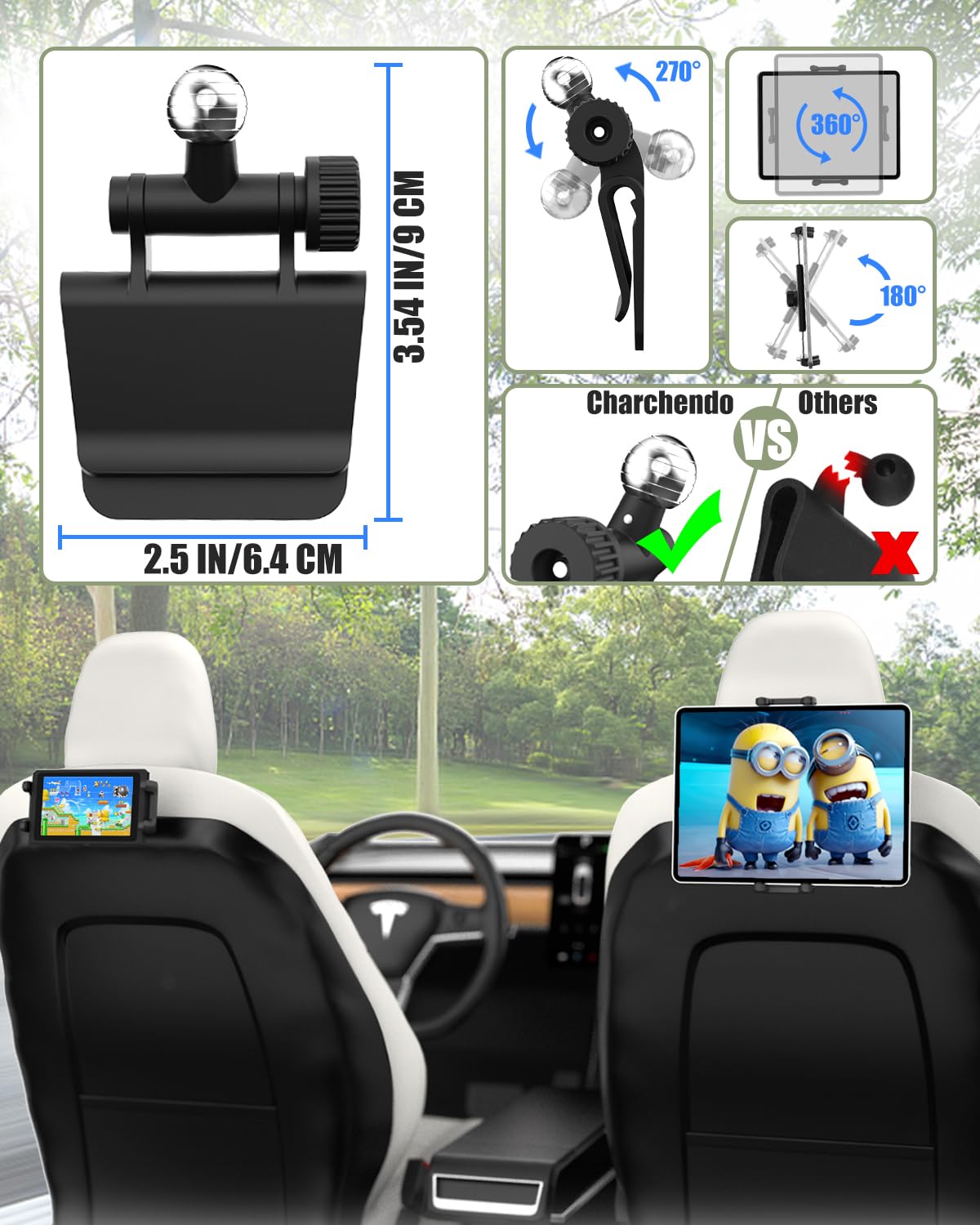 Charchendo for Tesla Model Y Model 3 Headrest Tablet Mount with Metal Ball Head Fits 4-13'' Devices, Car Back Seat iPad Holder Kids Adjustable Travel for iPad 12.9, Tablet, Phone, Switch, Fire HD 10