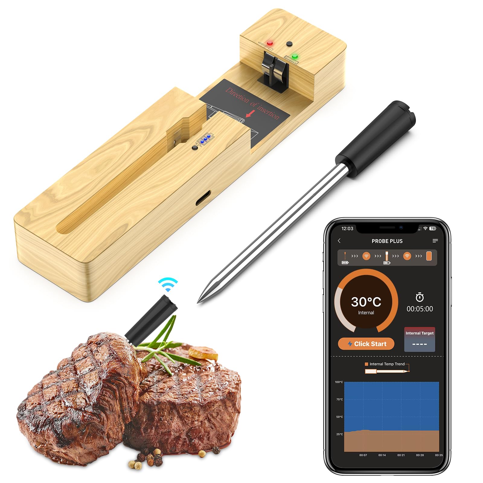 Plus Wireless Bluetooth Meat Thermometer with Probe for Cooking/Grilling - 500Ft Digital Waterproof Oven Food Thermometer for Air Fryer, BBQ, Rotisserie, Smart App Compatible with iOS & Android