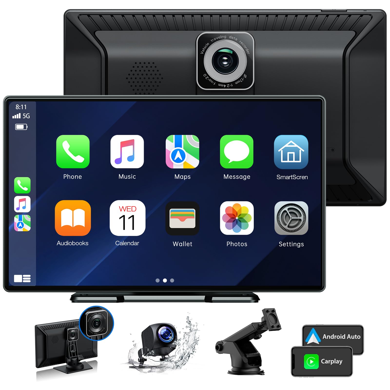 LAMTTO 9 Inch Wireless Car Stereo Carplay with 2.5K Dash Cam,1080P Backup Camera,Portable Touch Screen GPS Navigation, Car Audio Receivers with Bluetooth,Android Auto,Mirror Link,AUX/FM