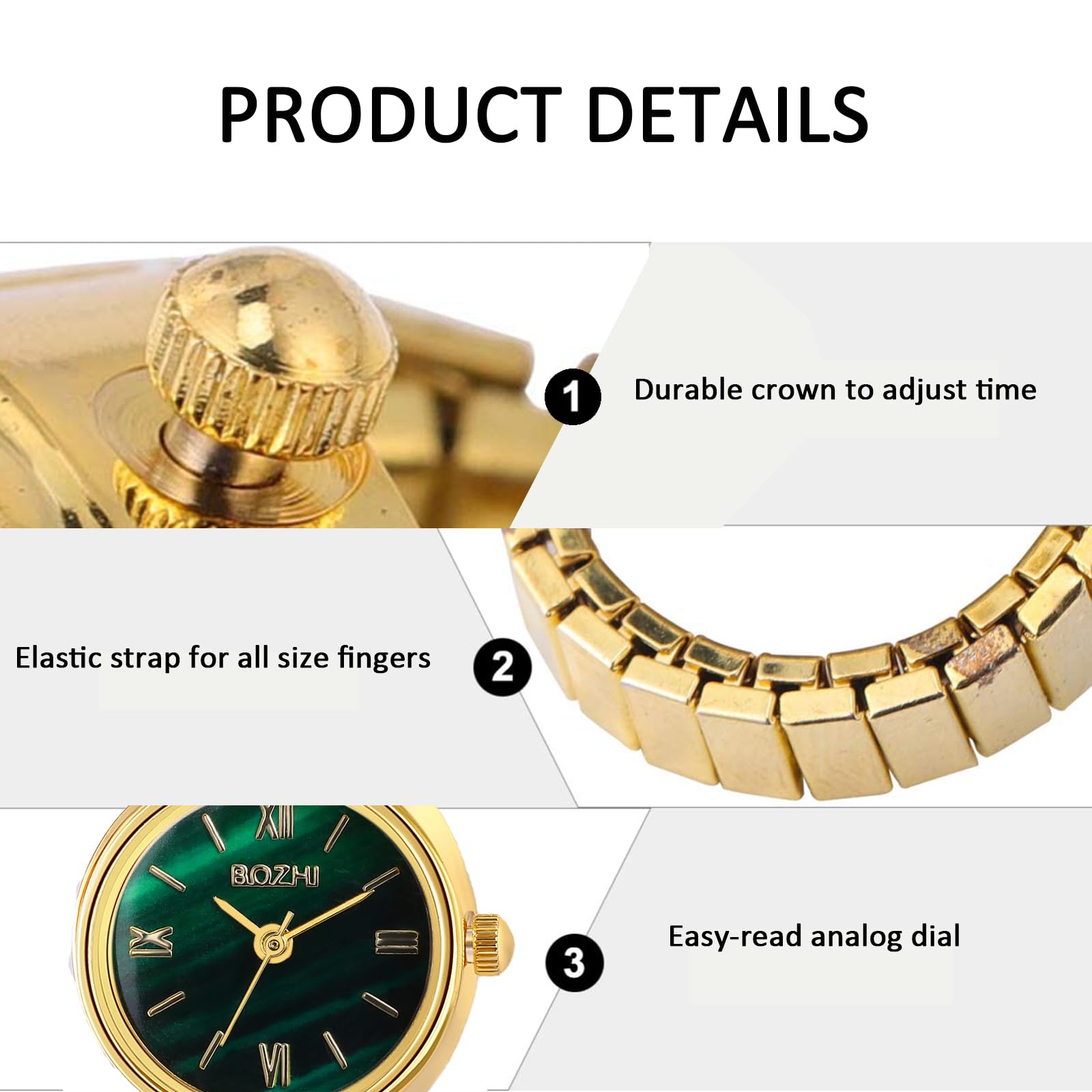 JewelryWe Men Women Finger Watches Set Gold/Silver Plated Elastic Watch Rings Green Dial Quartz Ring Watches