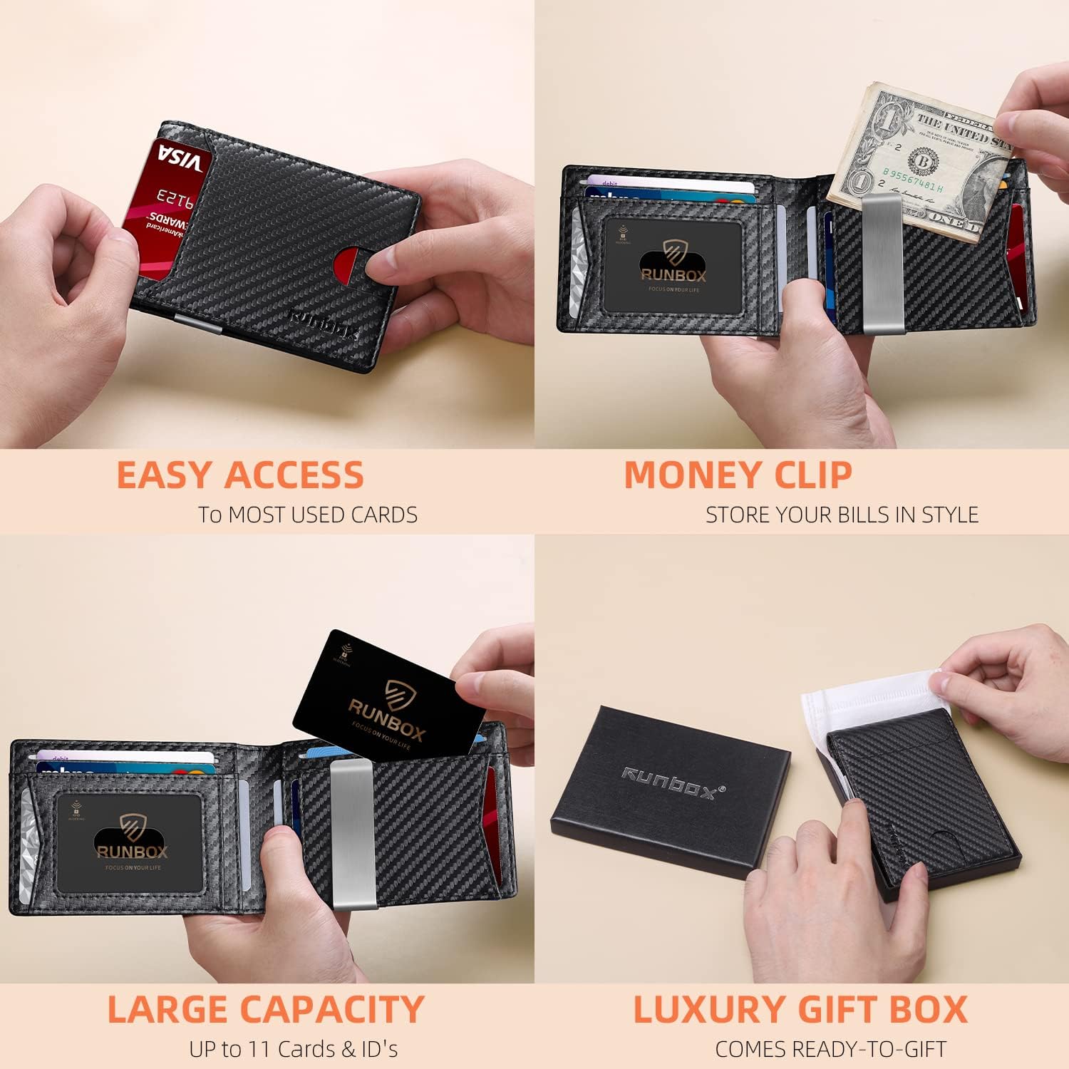 RUNBOX Slim Wallets for Men - Leather Money Clip Mens Wallet - RFID Blocking Front Pocket Bifold Wallet - Thin Credit Card Holder with Gift Box