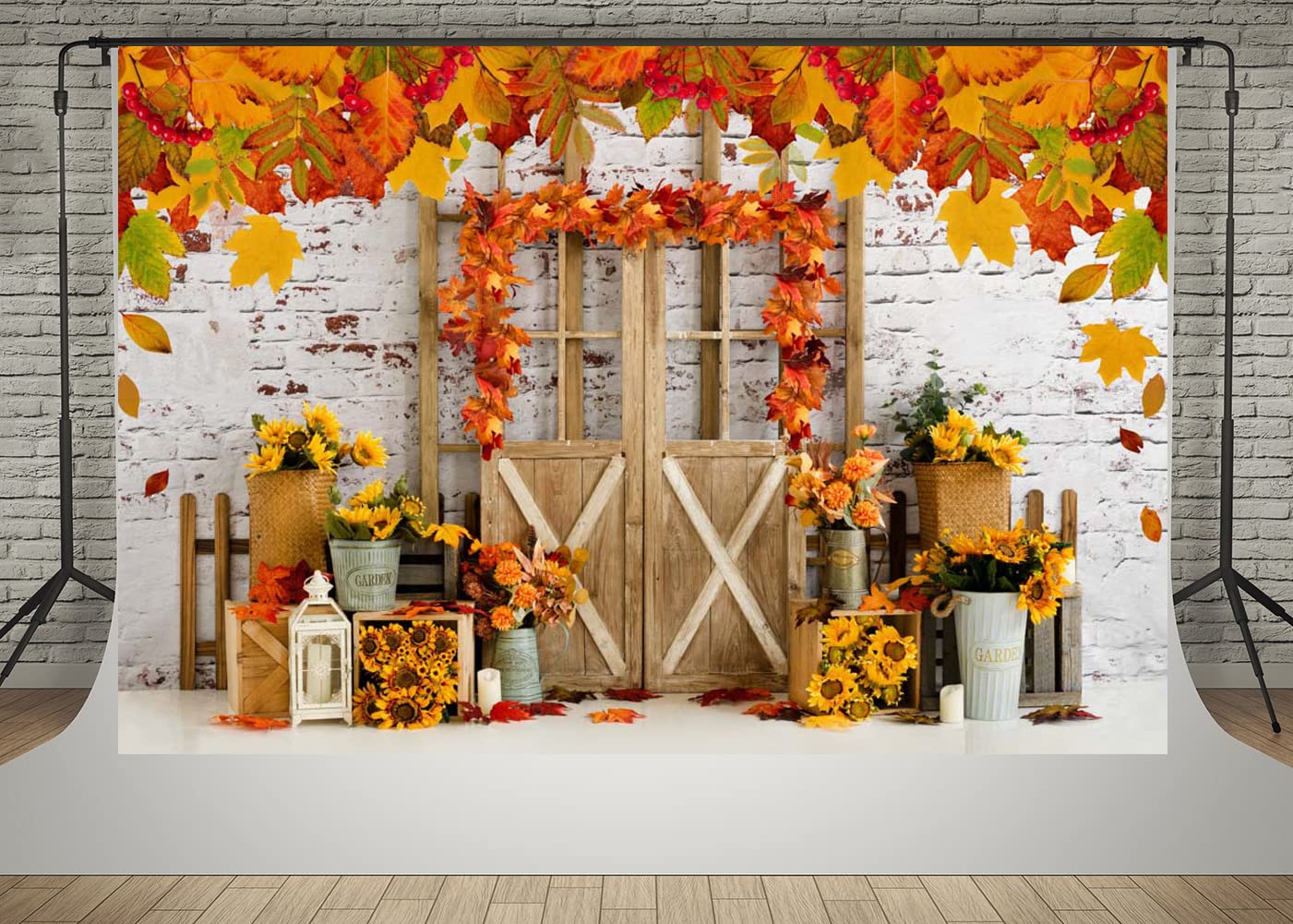 Kate 10x6.5ft Autumn Farm Sunflowers Decoration Photography Backdrops Scenic Fall Leaves White Brick Wall Wood Door Children Baby Shower Photo Background