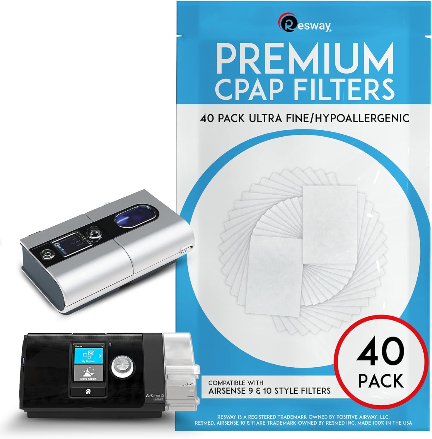 Premium Resway Disposable Hypoallergenic CPAP Filters | Compatible with ResMed S9 and Airsense 10 | Ultra Fine Filters for Smoke, Dander, Pollen | 40 Replacement Filters