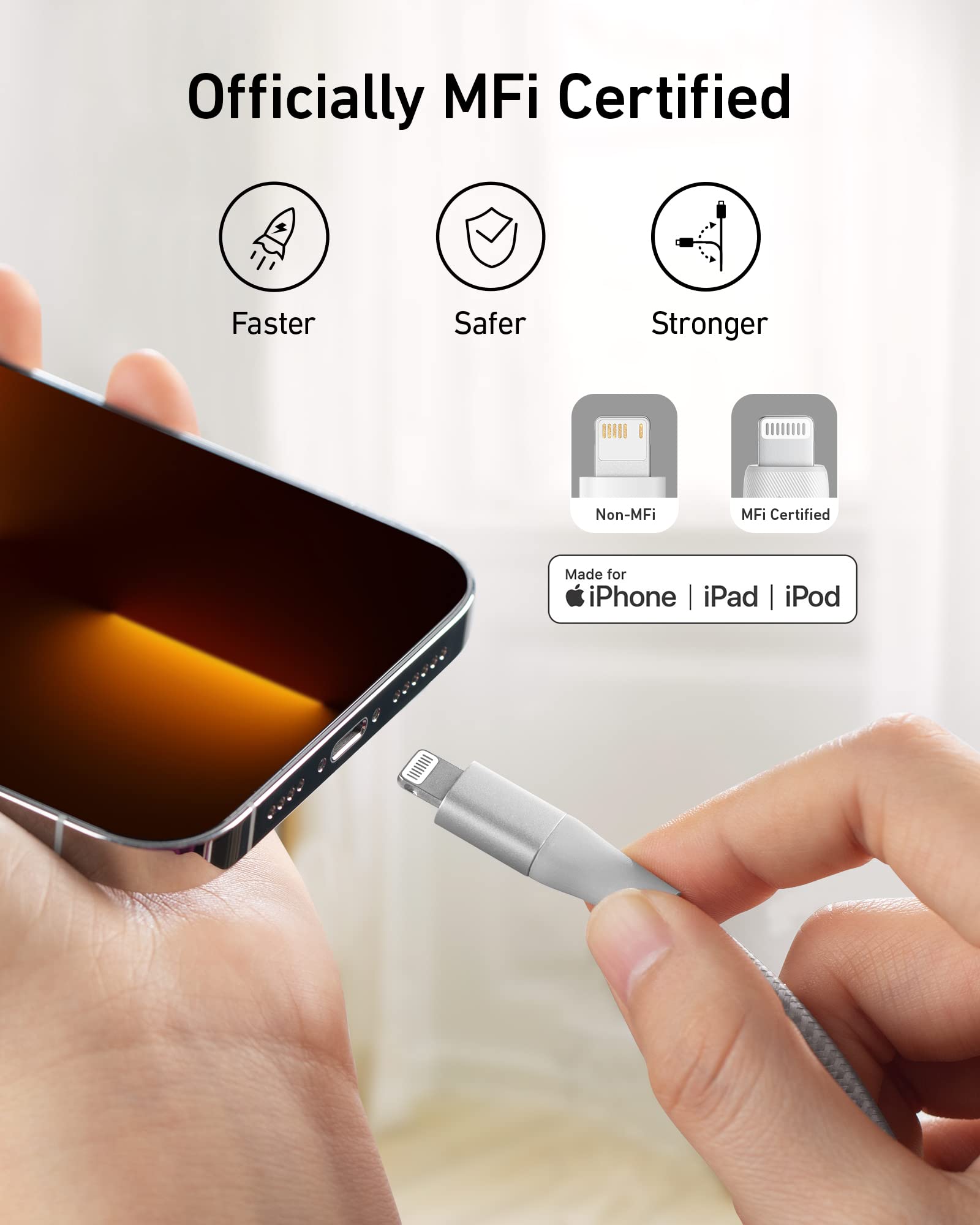 Anker Powerline+ II, USB A to Lightning Cable,MFi Certified for Flawless Compatibility with iPhone 11 Series SE/Xs/XR, and More(10FT,Silver)