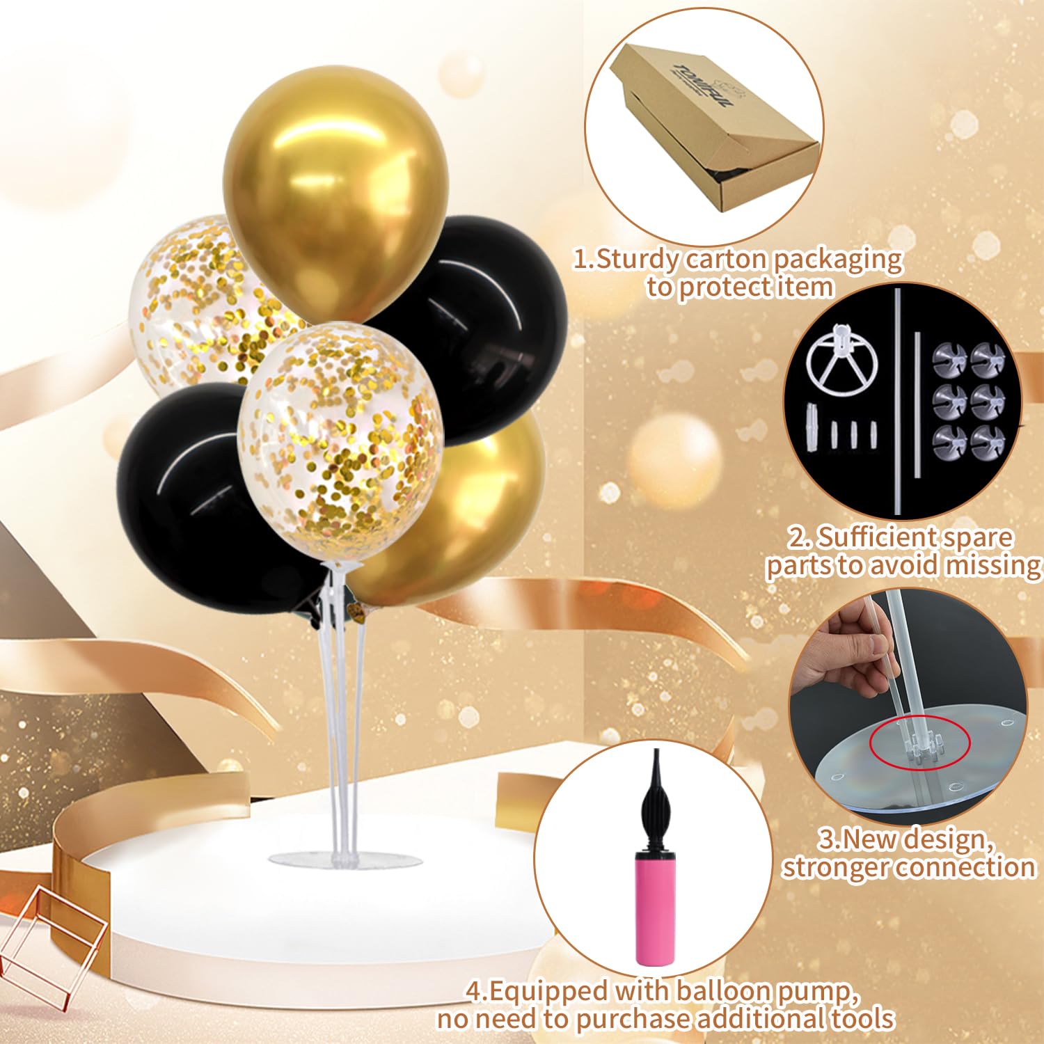 TONIFUL 4 Set Black Gold Balloon Centerpieces for Table,Balloon Stand Kit for Black Gold Party Decorations 40th 50th 60th 70th Birthday Decorations New Years 2025 Graduation