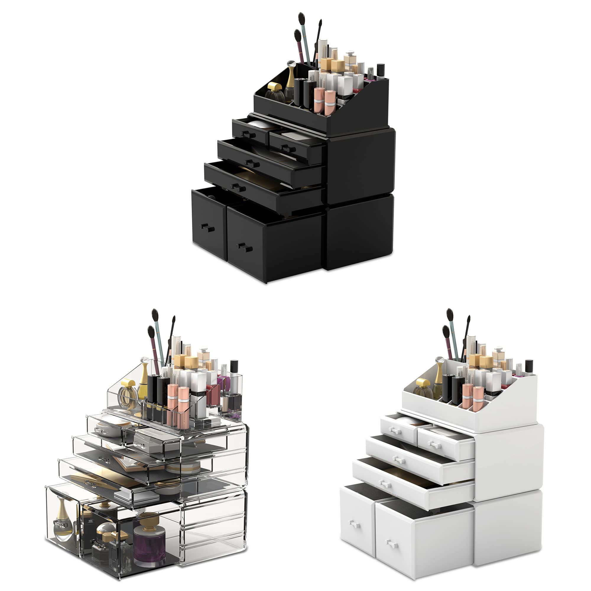 READAEER Makeup Organizer 3 Pieces Cosmetic Storage Case with 6 Drawers (Black)