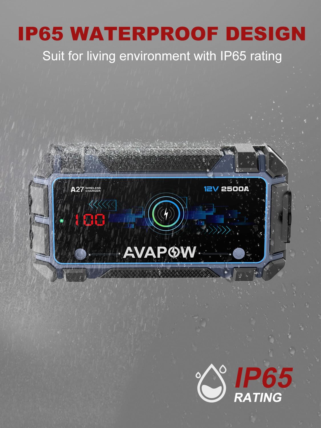 AVAPOW Jump Starter Car Battery 2500A Peak,Portable Jump Starters for Up to 8L Gas 8L Diesel Engine,Wireless Charging Design,12V Lithium Jump Pack with Smart Safety Clamp, IP65