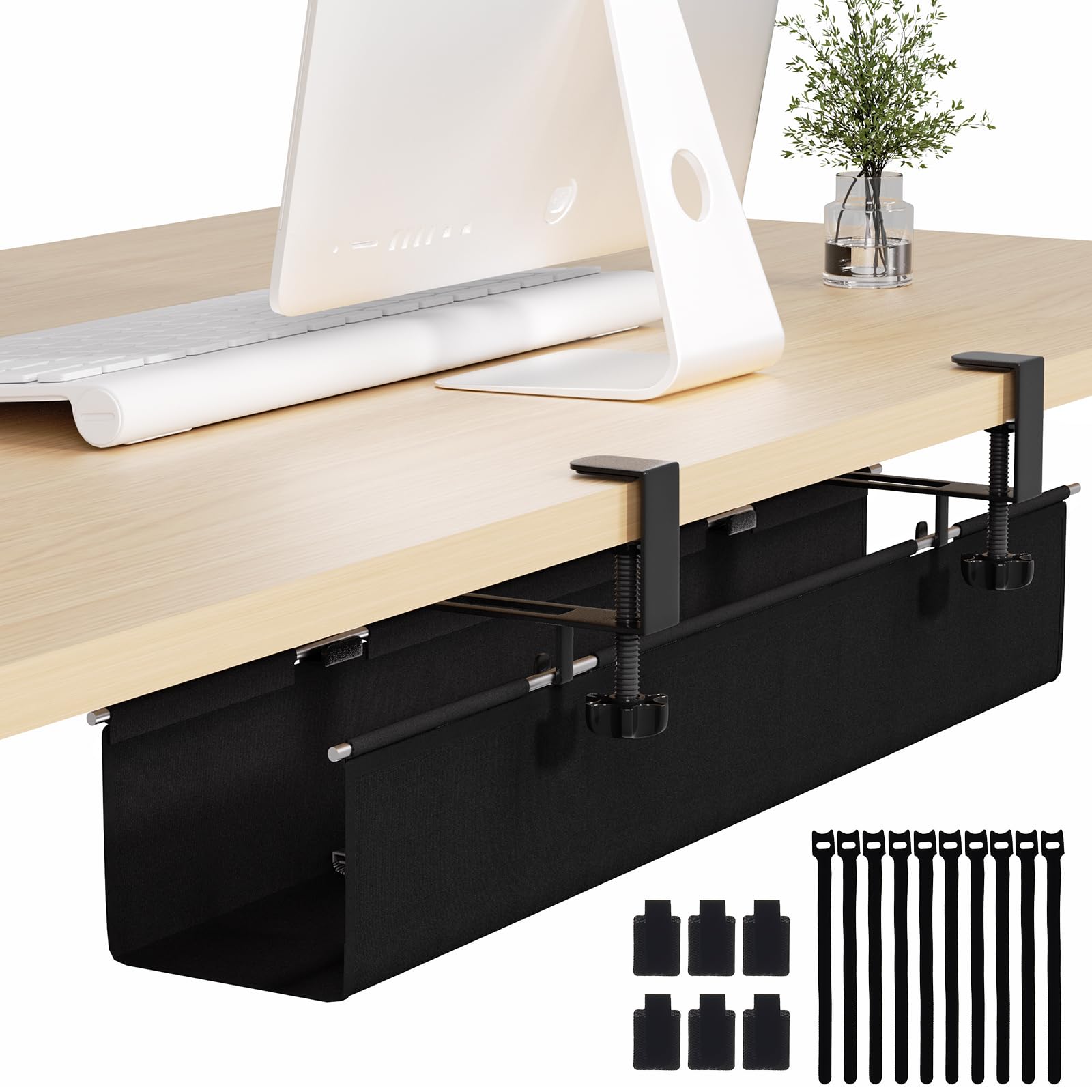 Under Desk Cable Management Tray - 27.2'' Desk Cord Organizer Clamp-on Computer Wire Organizer Cable Tray No Drill, with 16X Cable Ties Hide PC Cable Management for Office/Home,Fabric Desk Cord Holder