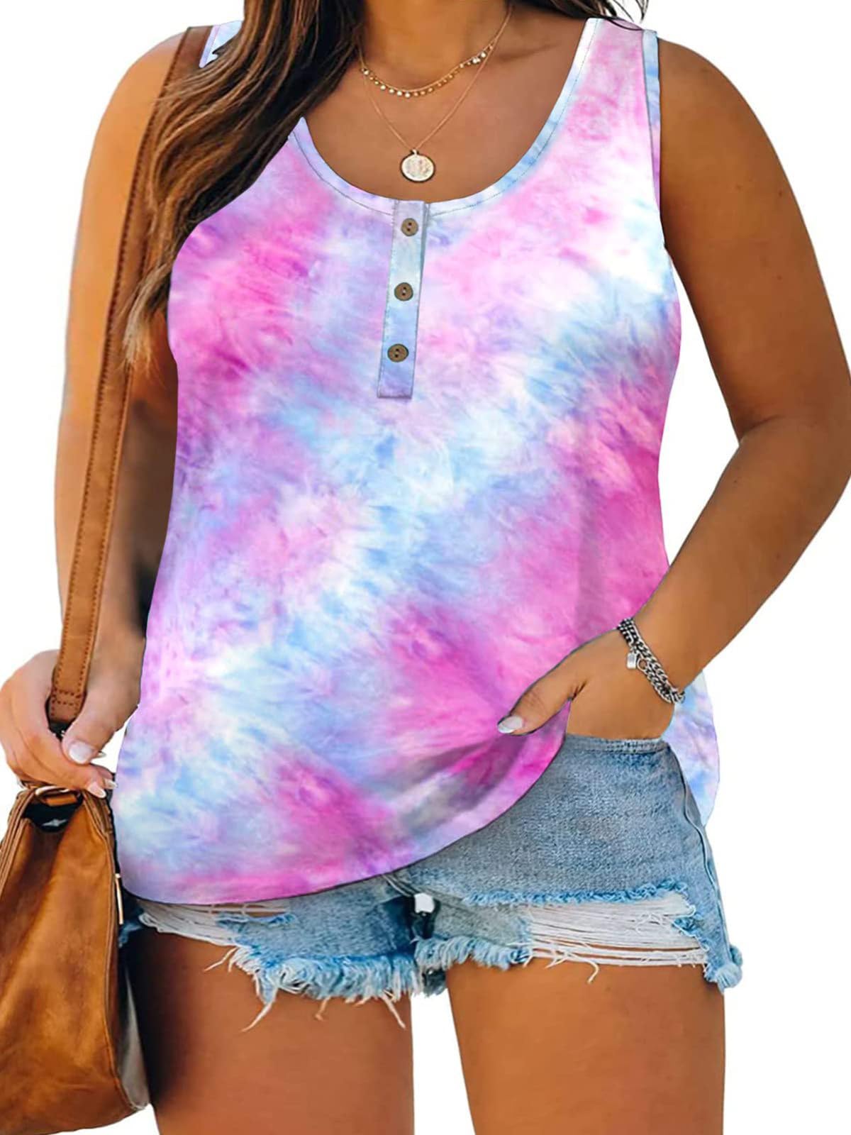 Plus Size Tank Tops for Women Summer Sleeveless Henley T-Shirts Tops Casual Tie Dye Print Tee Tunics Shirts