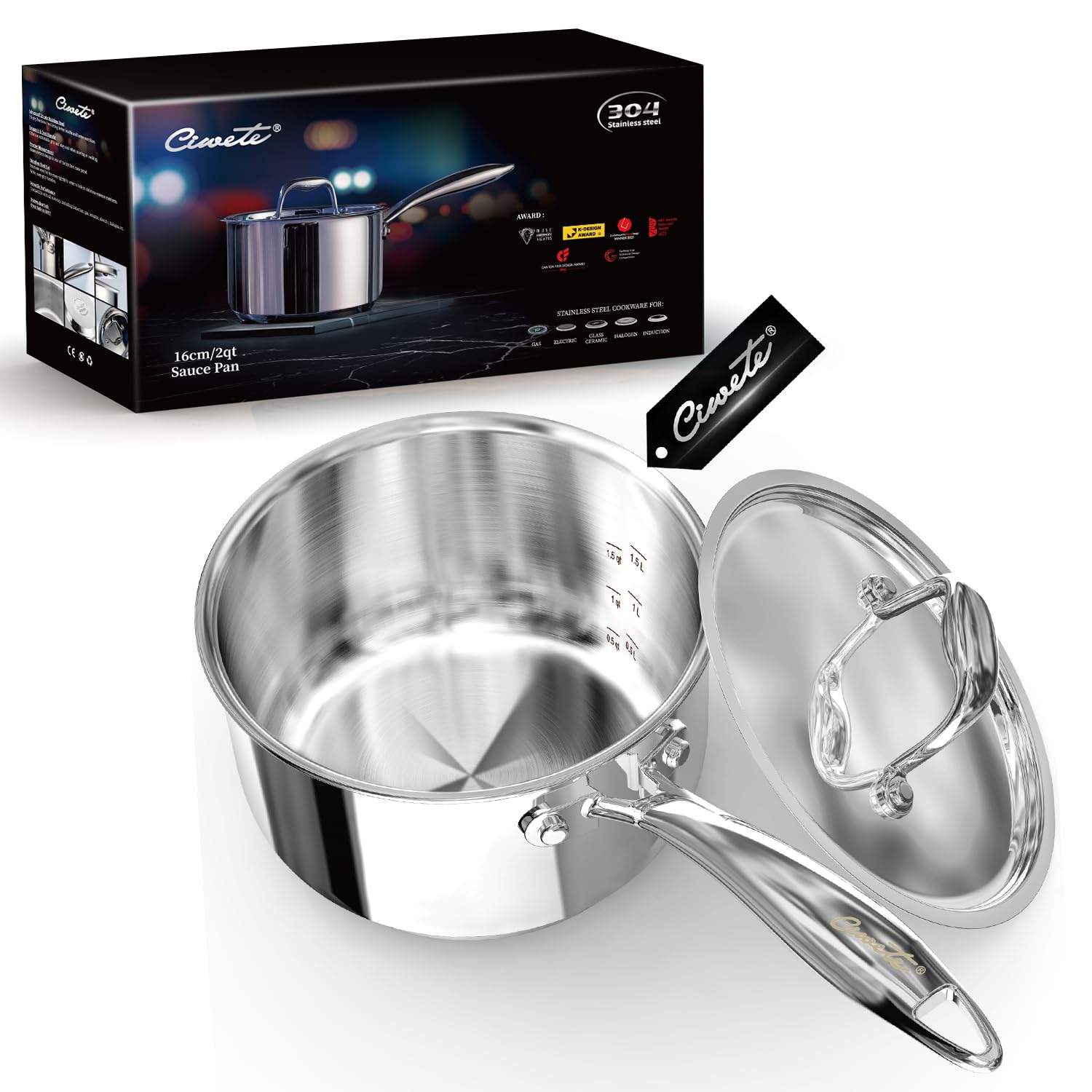 Ciwete 2 Quart Sauce Pan with Lid, Tri Ply Stainless Steel Saucepan 2 Qt with Stainless Steel Lid, 2 Measuring Lines, Upgraded Packaging, Cool Ergonomic Handle, Dishwasher & Oven Safe